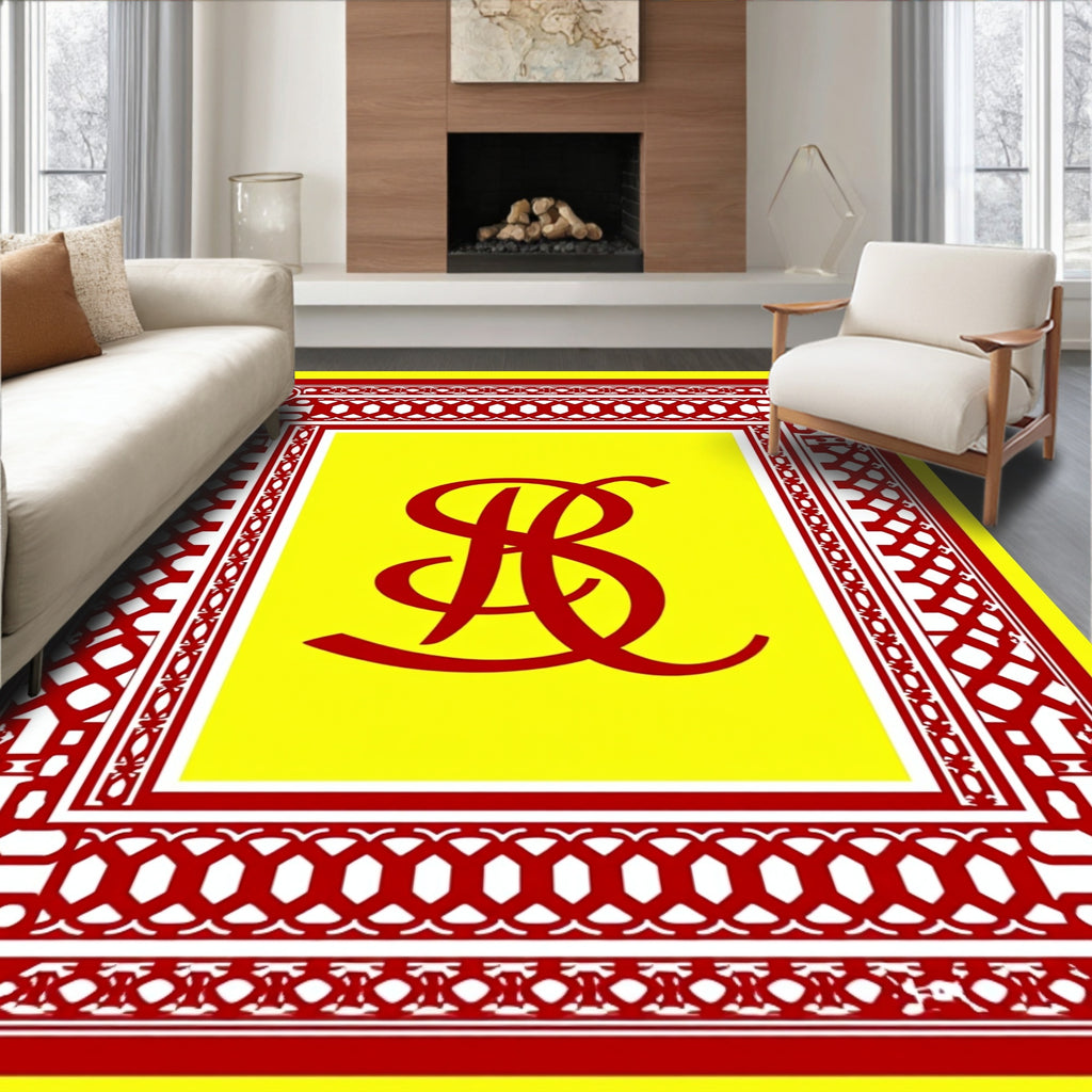 Bold Red Script Monogrammed Yellow Rug