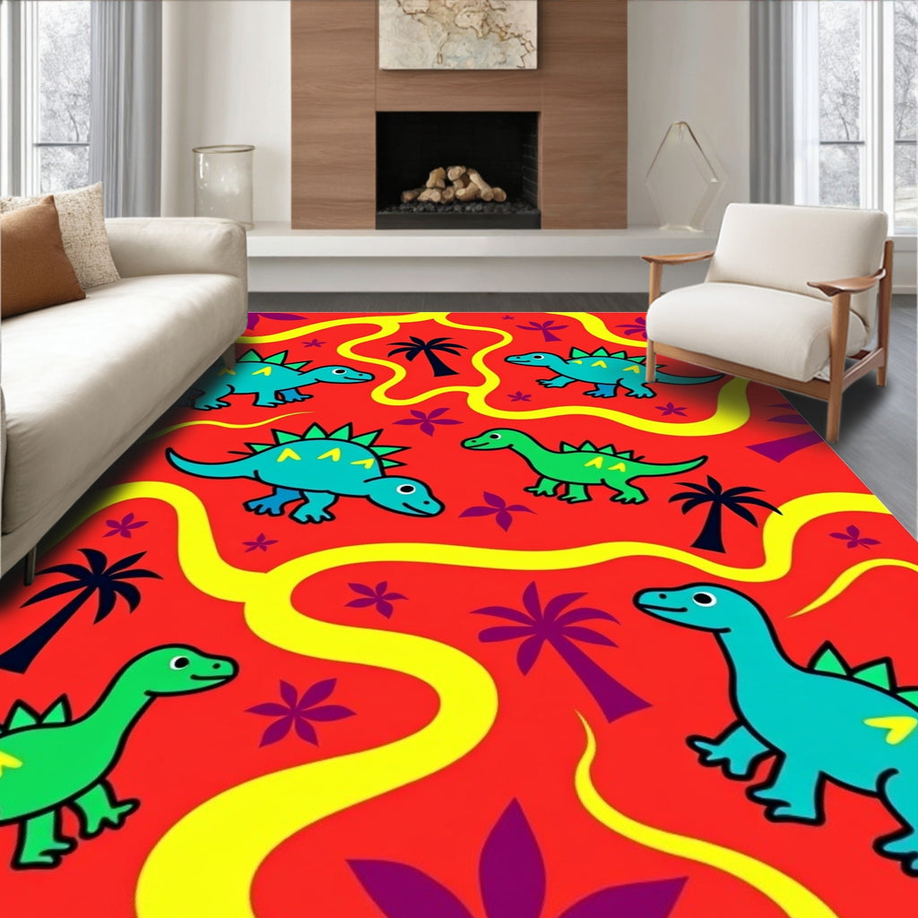 Playful Dinosaur Palm Tree Adventure Rug