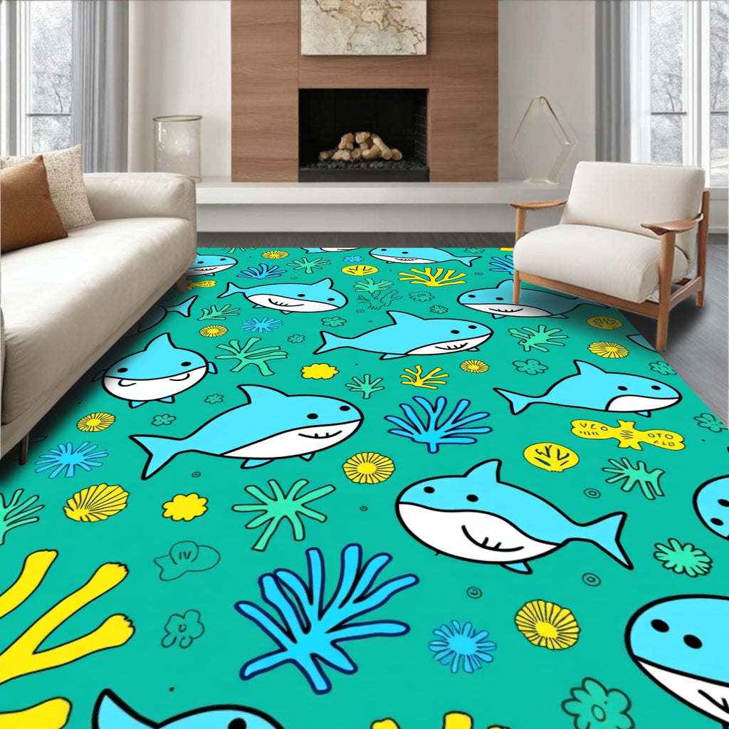 Cute Blue Sharks Under The Sea Rug