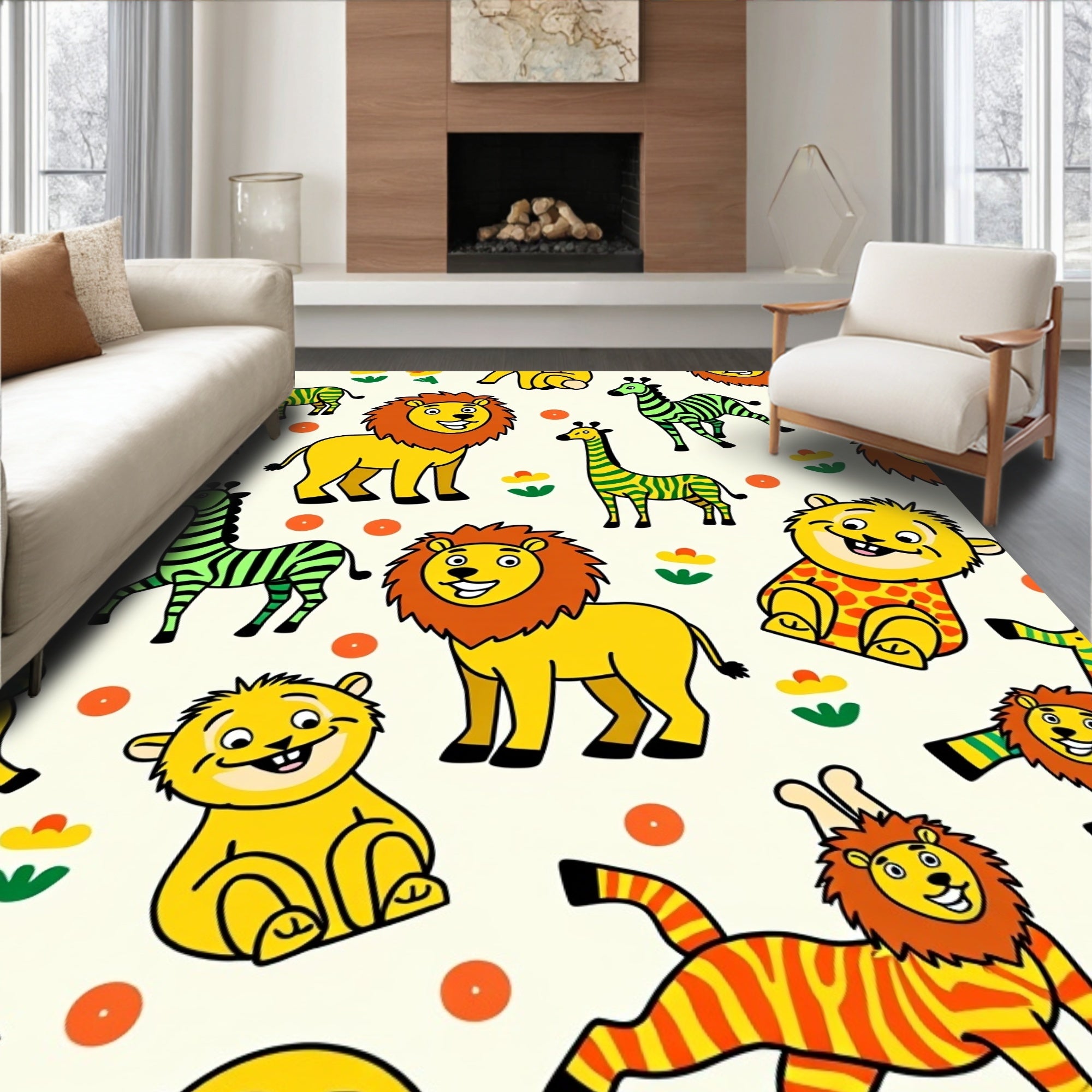 Playful Safari Animals Yellow Green Rug