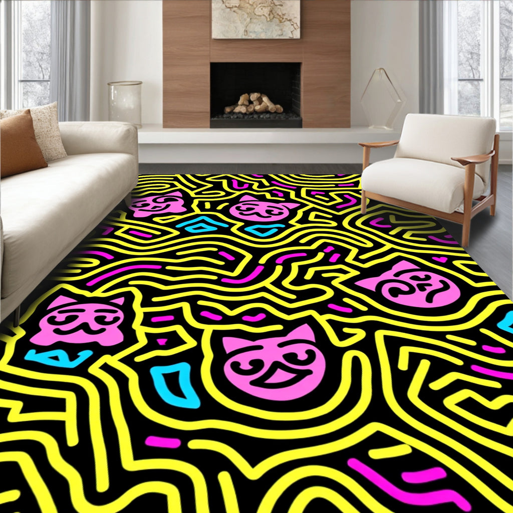 Pink Cat Maze Yellow Line Art Rug