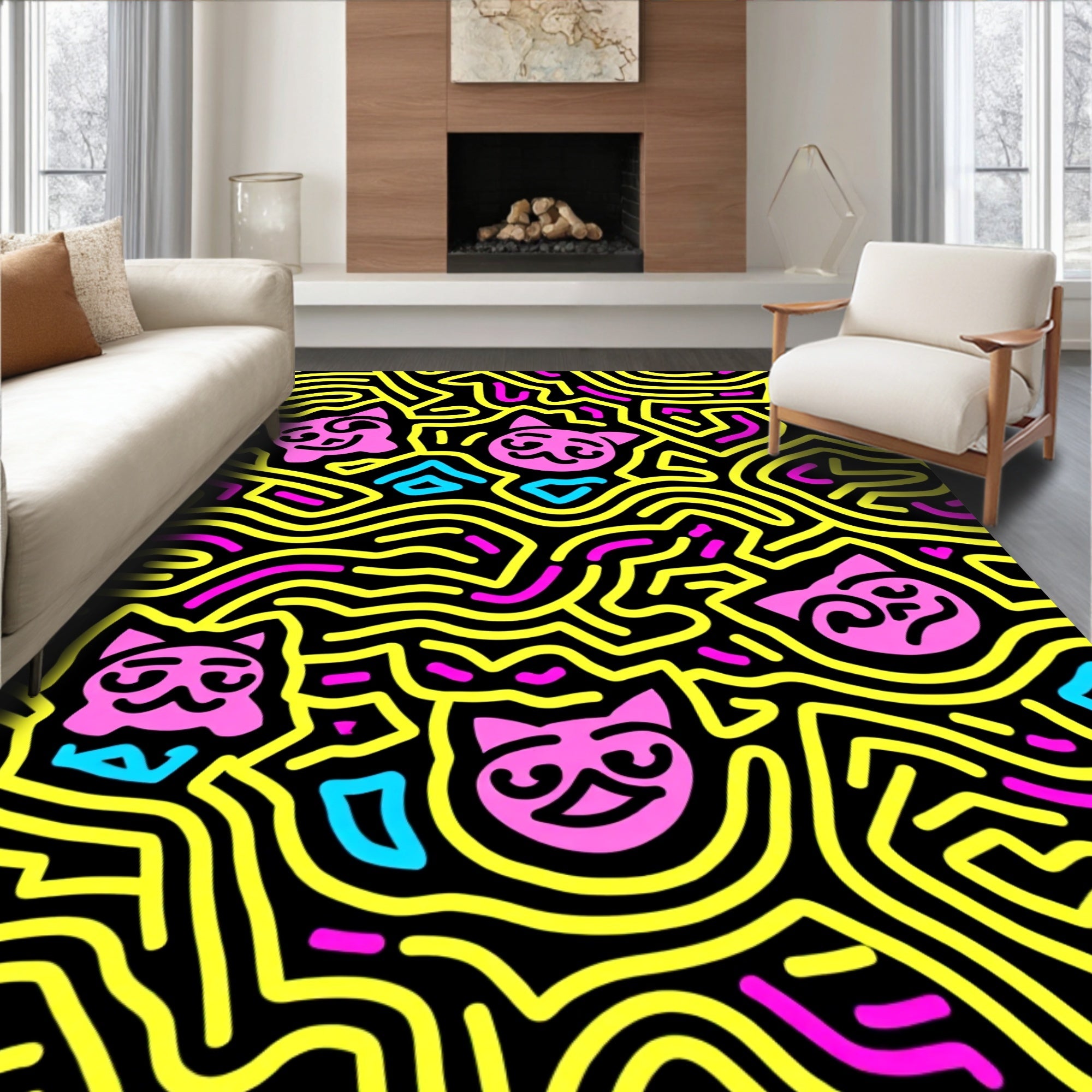 Pink Cat Maze Yellow Line Art Rug