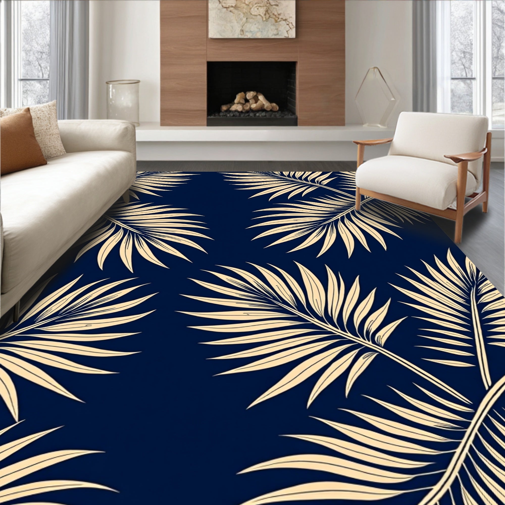 Classic Navy Palm Frond Repeating Rug