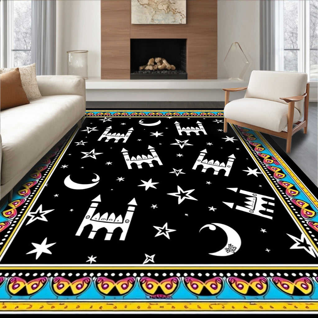Whimsical Starry Night Mosque Border Rug