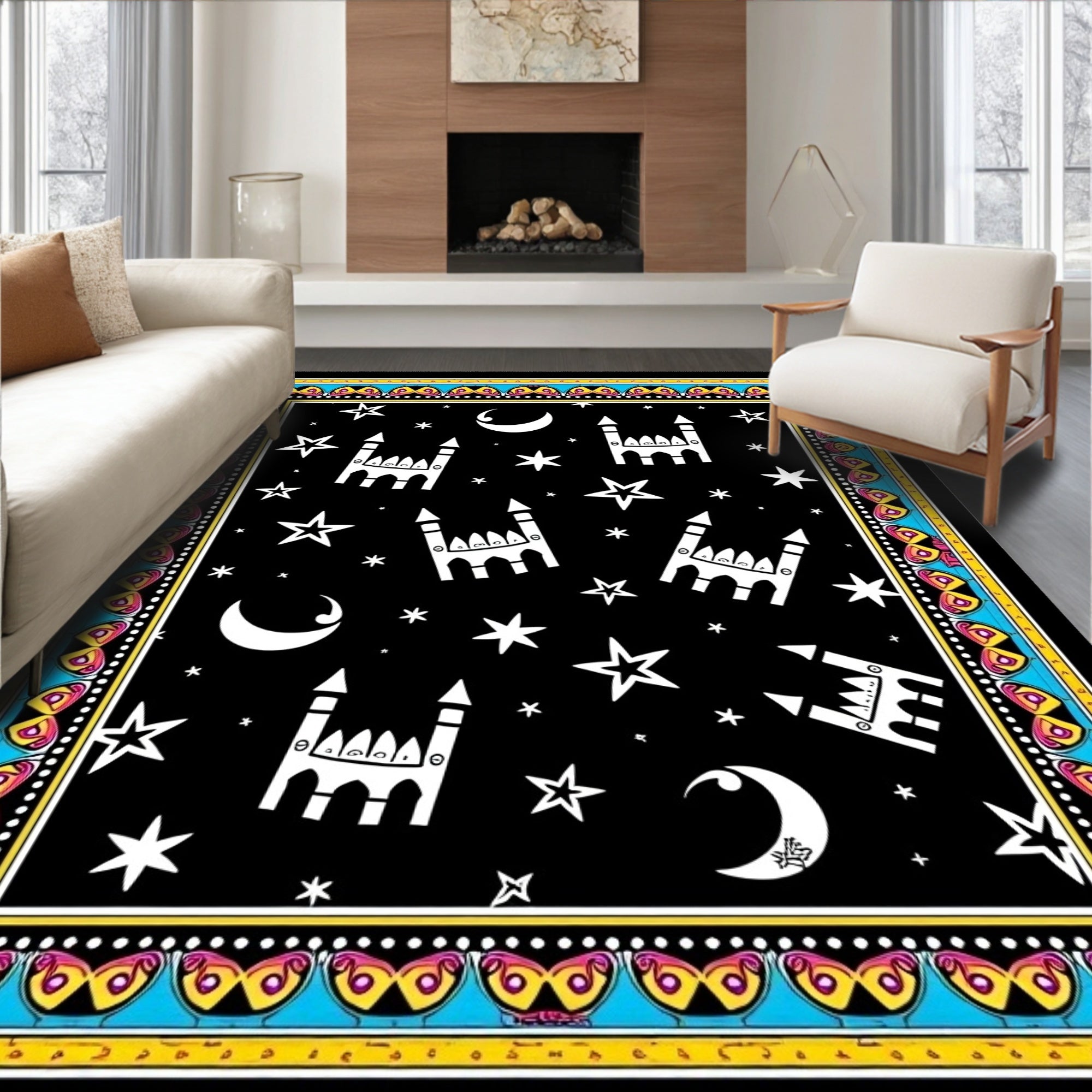 Whimsical Starry Night Mosque Border Rug