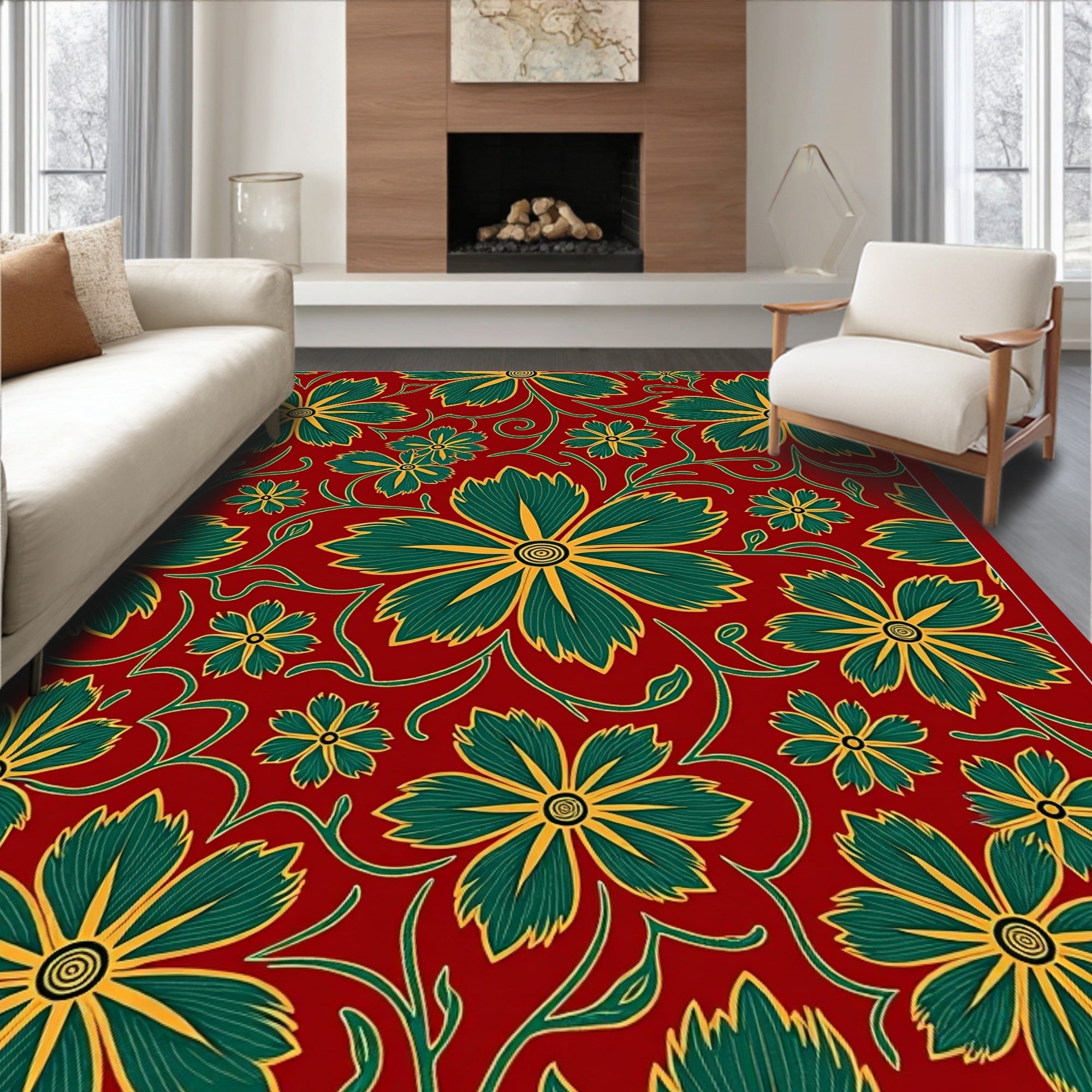 Crimson Teal Floral Vine Swirl Rug