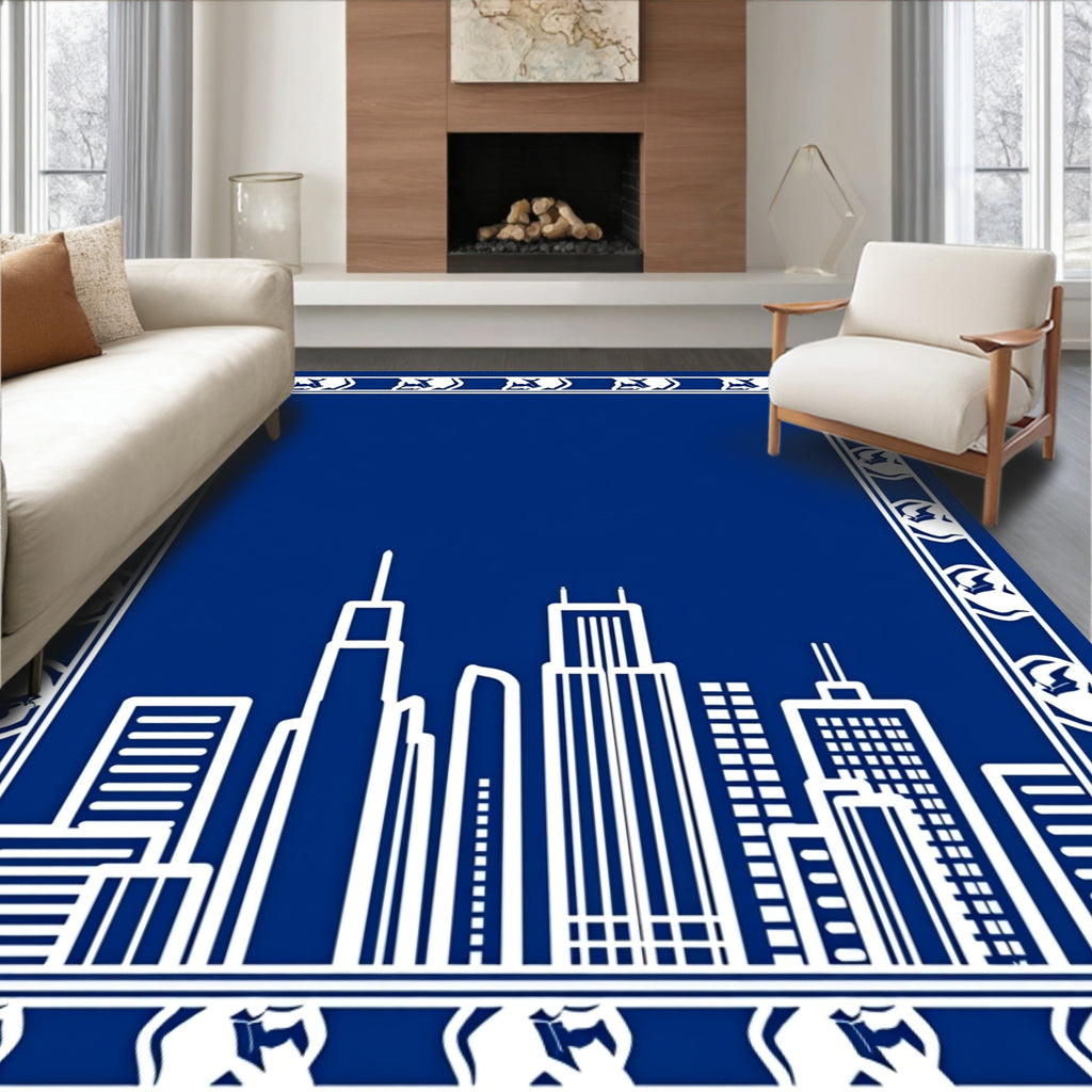 Blue White Skyline Border Rug
