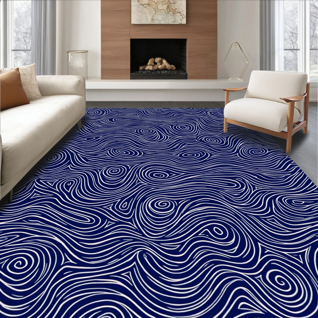 Deep Blue Swirling Line Artwork Rug