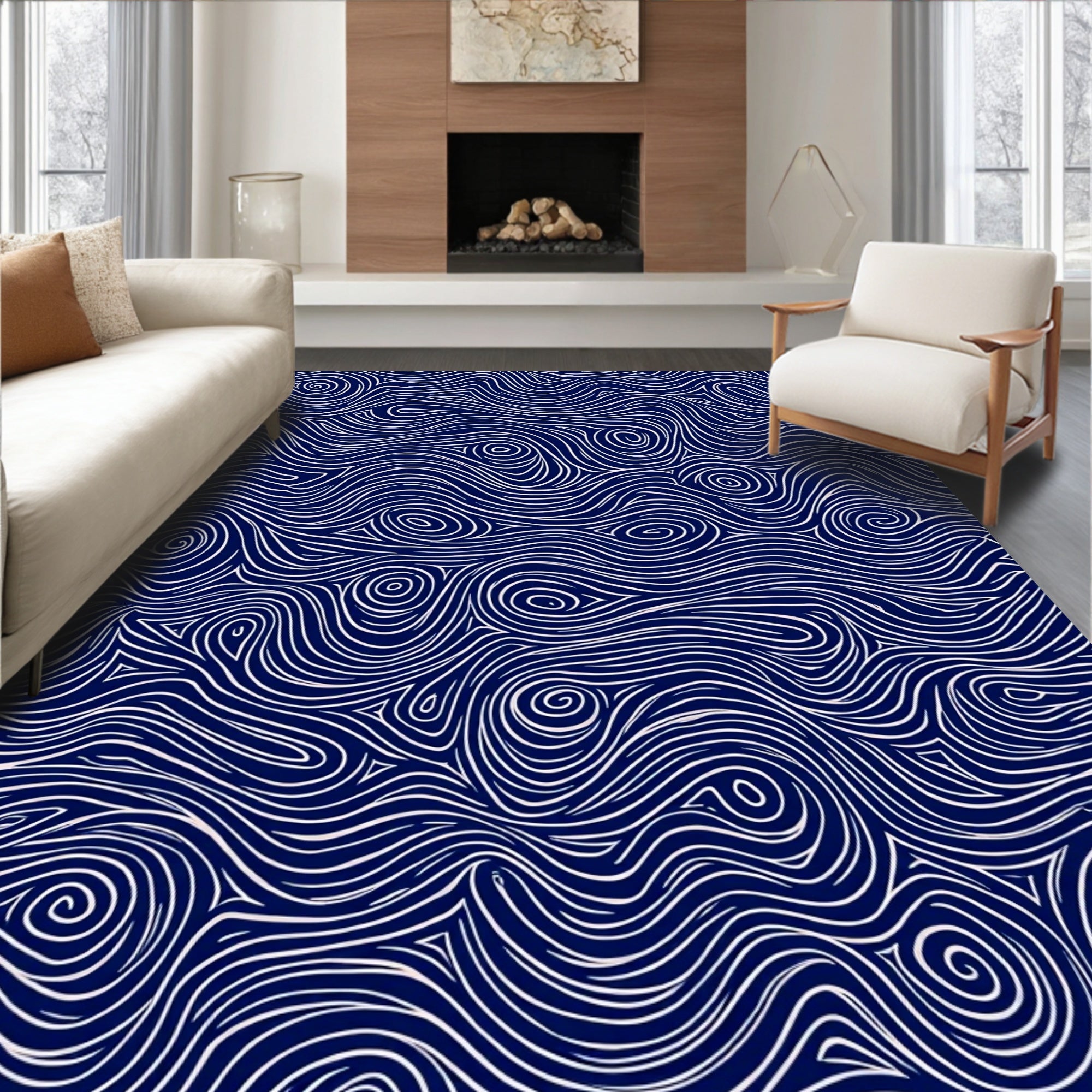 Deep Blue Swirling Line Artwork Rug