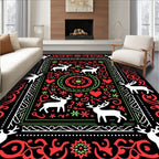 Festive Red Green Deer Floral Accents Rug
