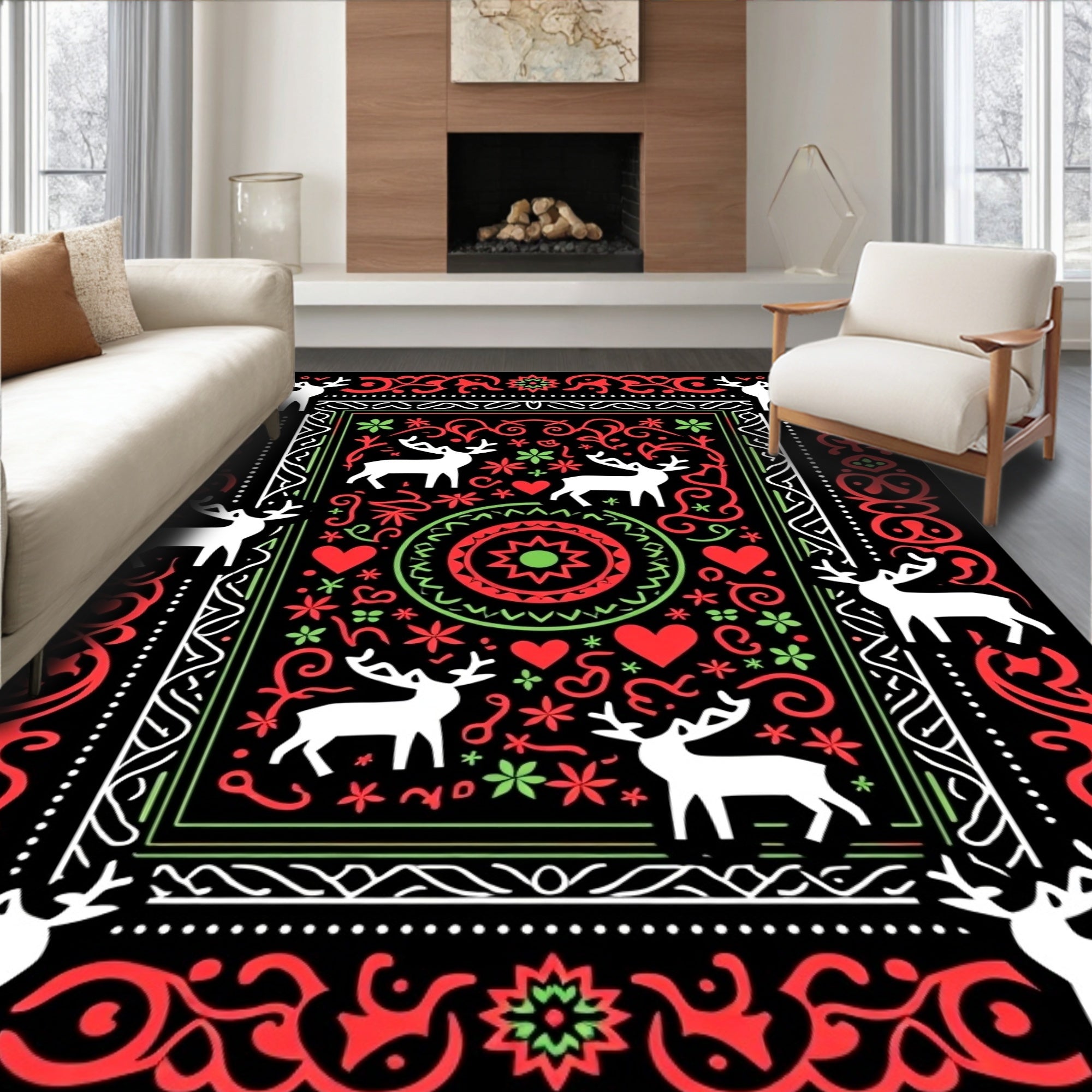 Festive Red Green Deer Floral Accents Rug