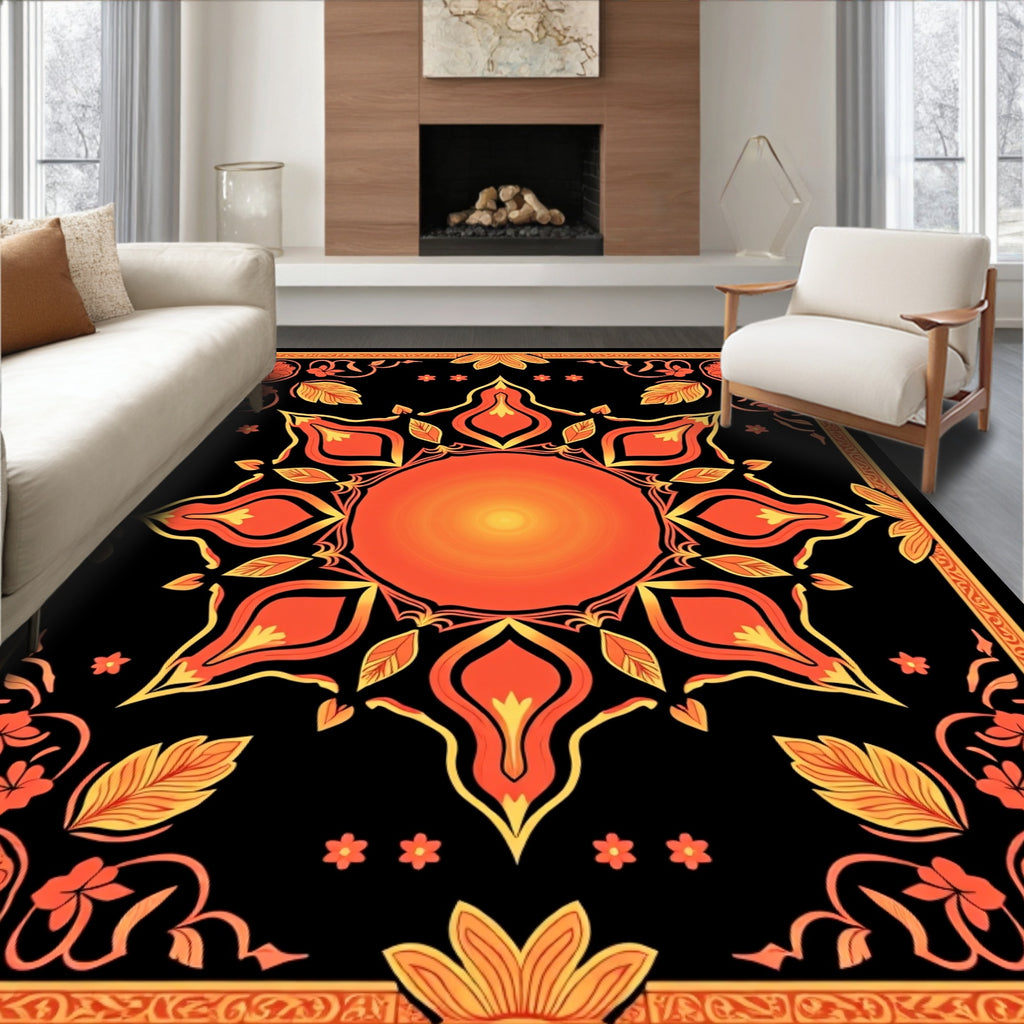 Fiery Orange Yellow Central Sun Medallion Rug