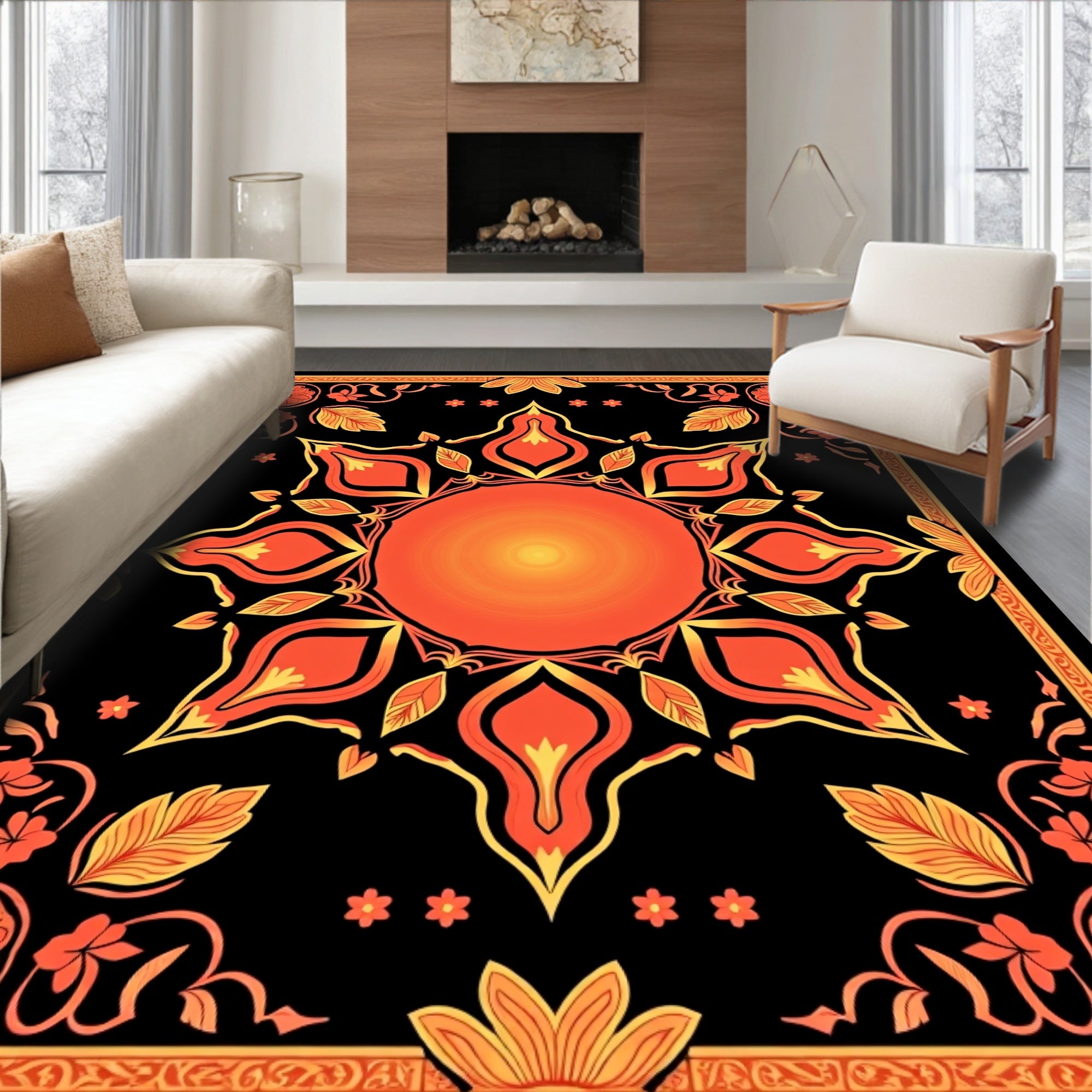 Fiery Orange Yellow Central Sun Medallion Rug