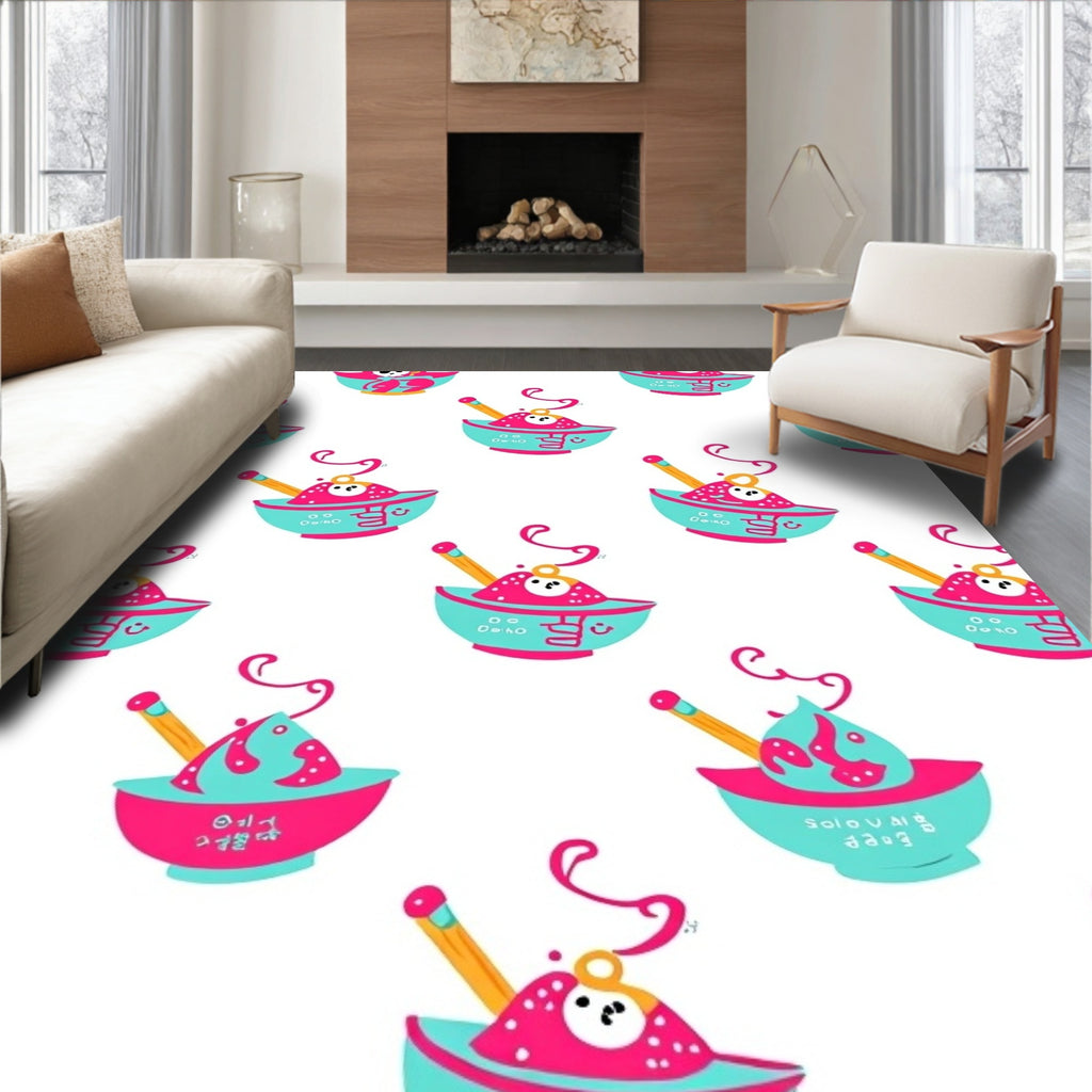 Cartoon Pink Teal Food Bowl Illustration Rug