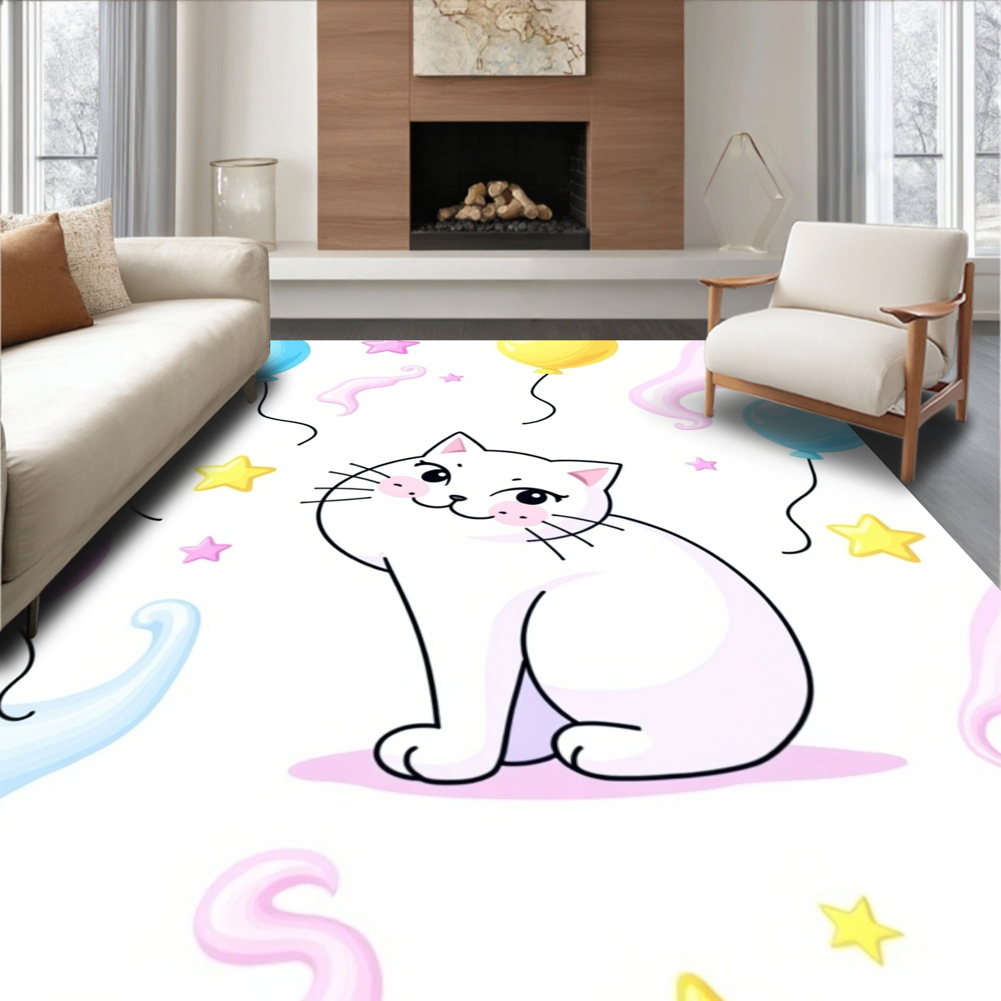 Whimsical White Cat Pastel Balloons Stars Rug