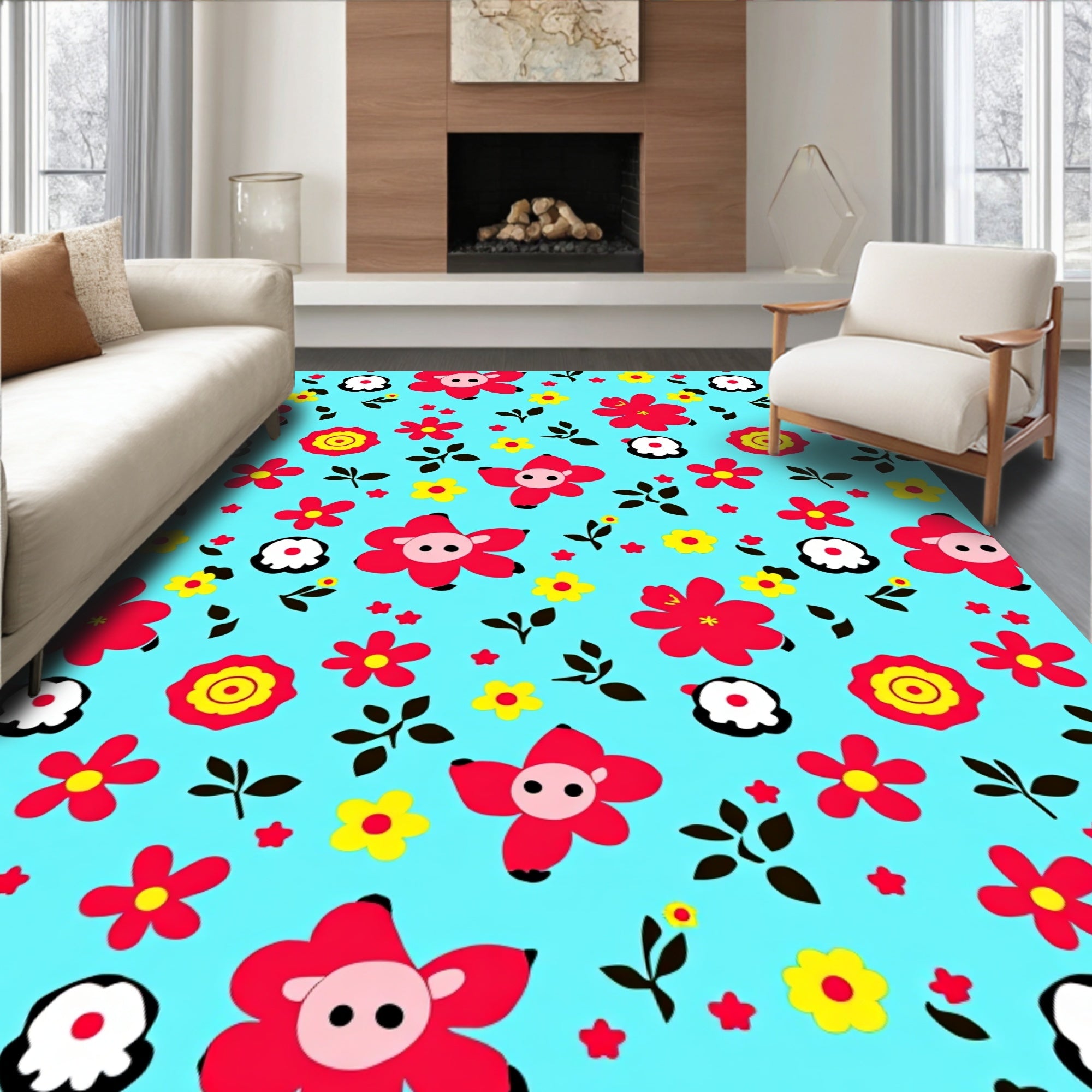 Whimsical Red Yellow Flower Friends Rug