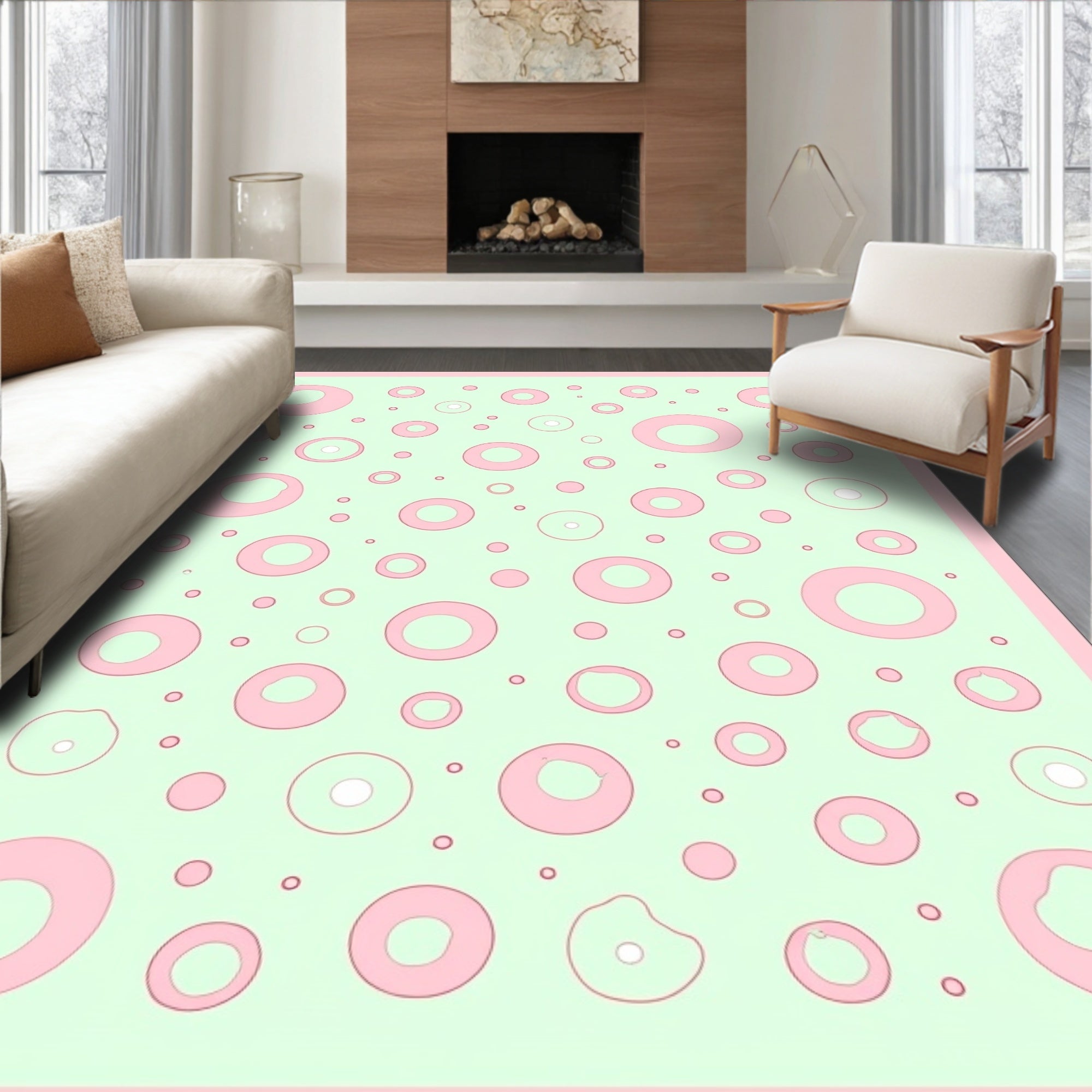 Pale Pink Circles on Mint Background Rug
