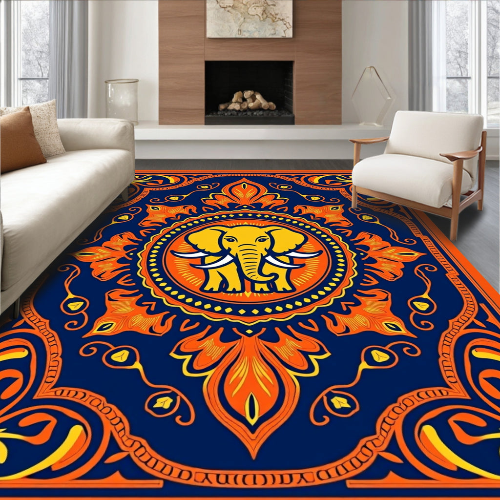 Vibrant Elephant Mandala Navy Orange Rug