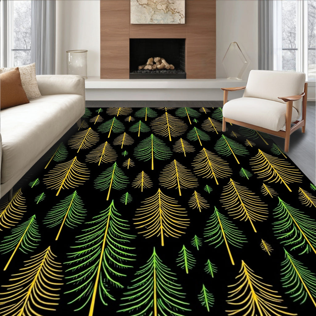 Forest Evergreen Trees Black Background Rug