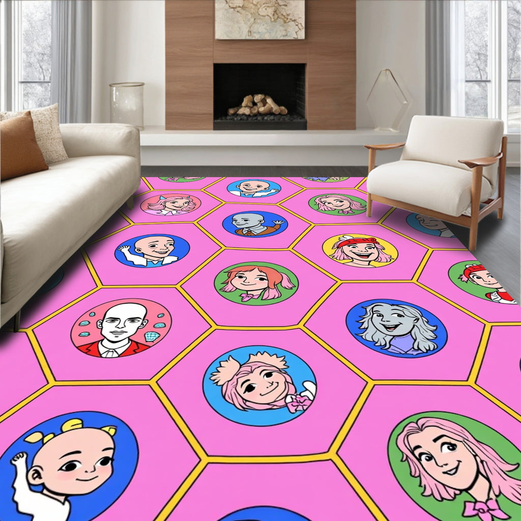 Pink Hexagon Colorful Character Collage Rug