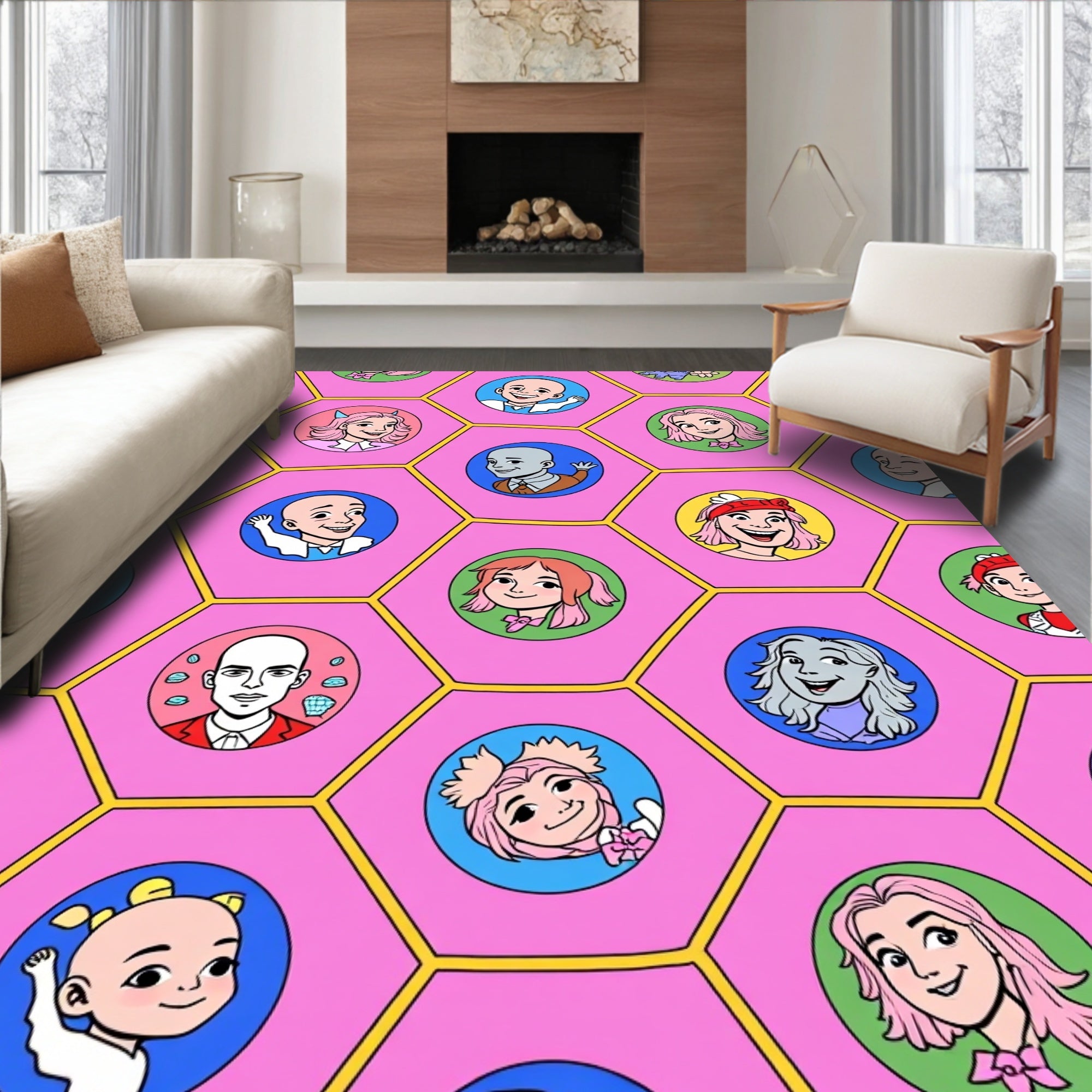 Pink Hexagon Colorful Character Collage Rug