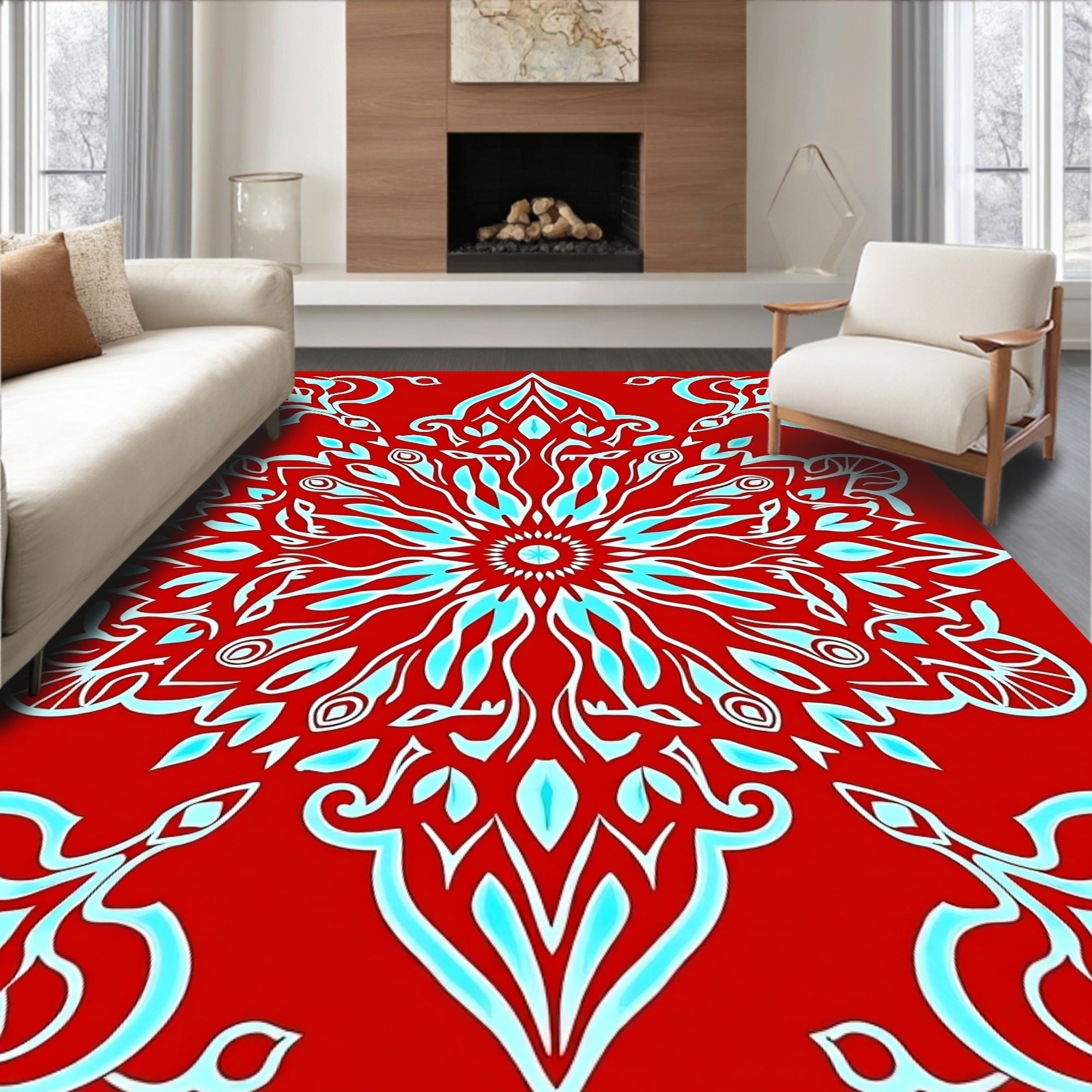 Crimson Teal Mandala Floral Ornament Rug