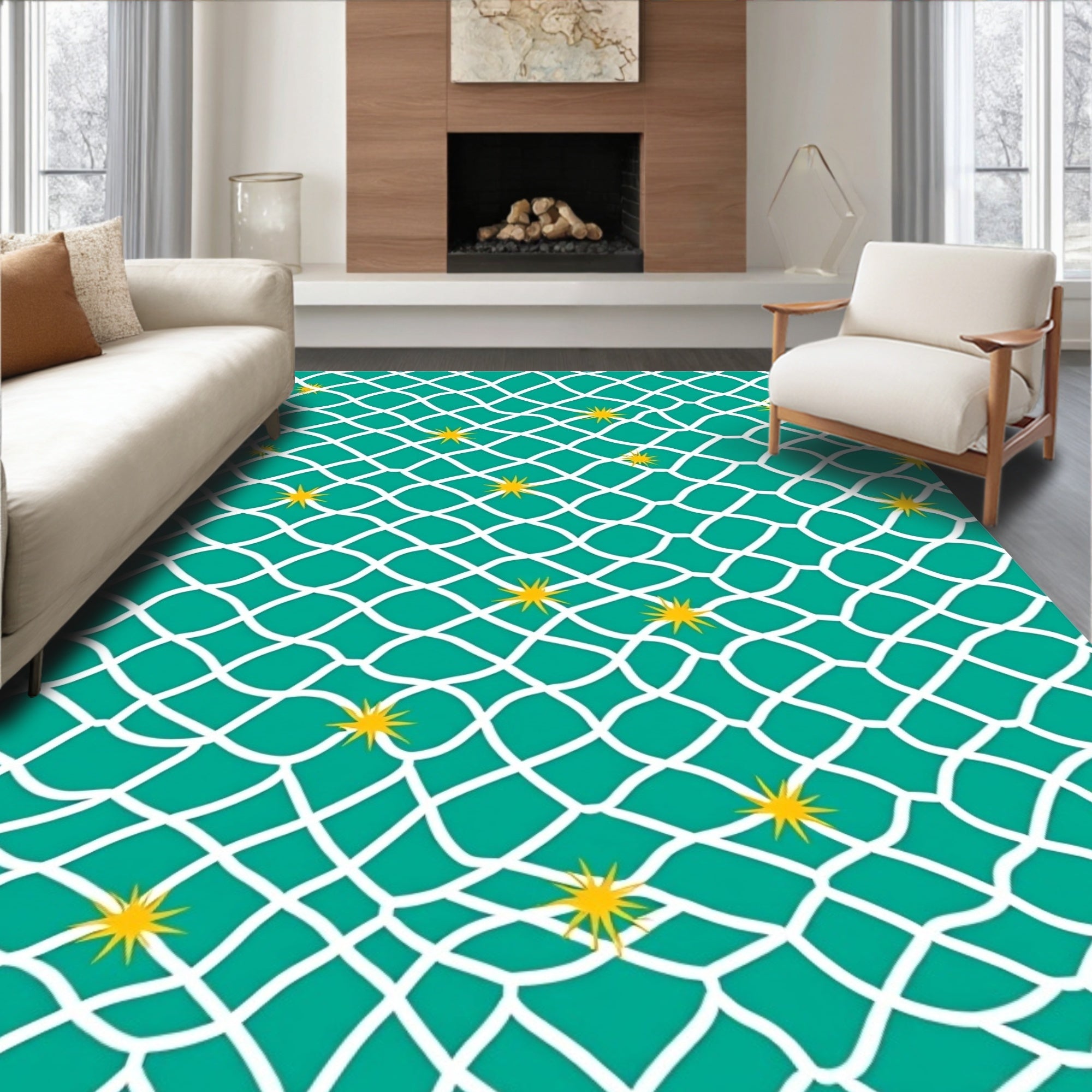 Teal White Net Yellow Starbursts Rug