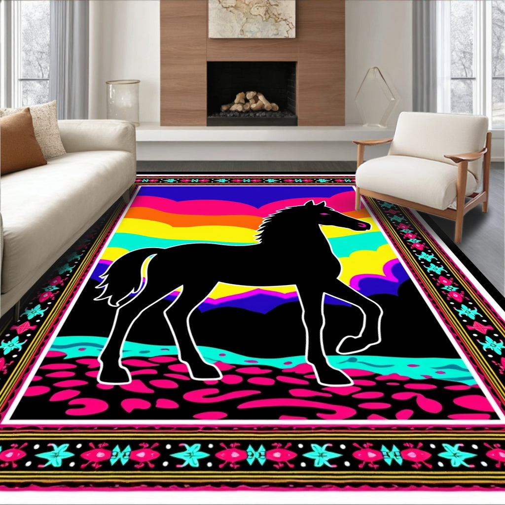 Bold Black Horse Vibrant Landscape Art Rug