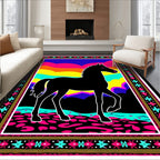 Bold Black Horse Vibrant Landscape Art Rug