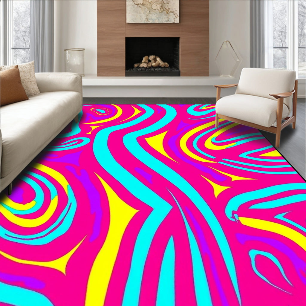 Pink Teal Yellow Swirl Abstract Organic Rug