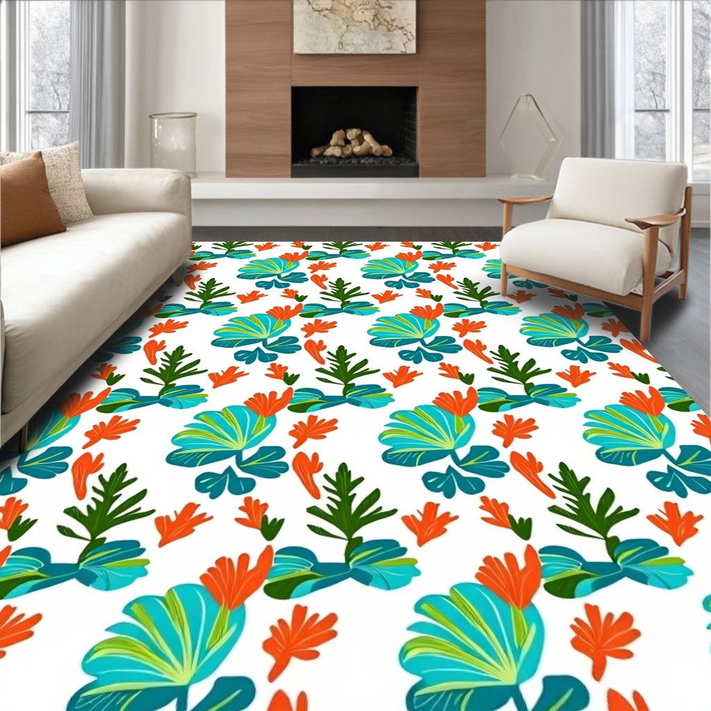 Vibrant Teal Orange Green Foliage Rug