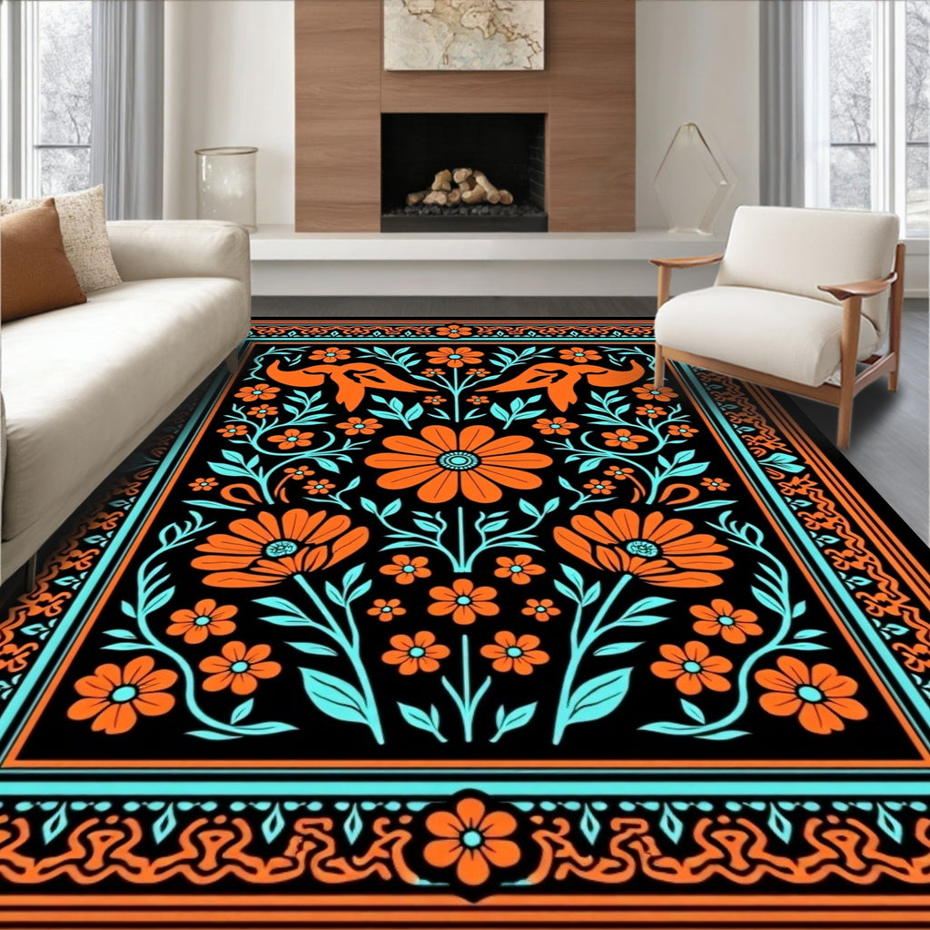 Orange Teal Floral Animal Garden Rug