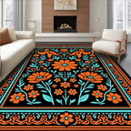 Orange Teal Floral Animal Garden Rug