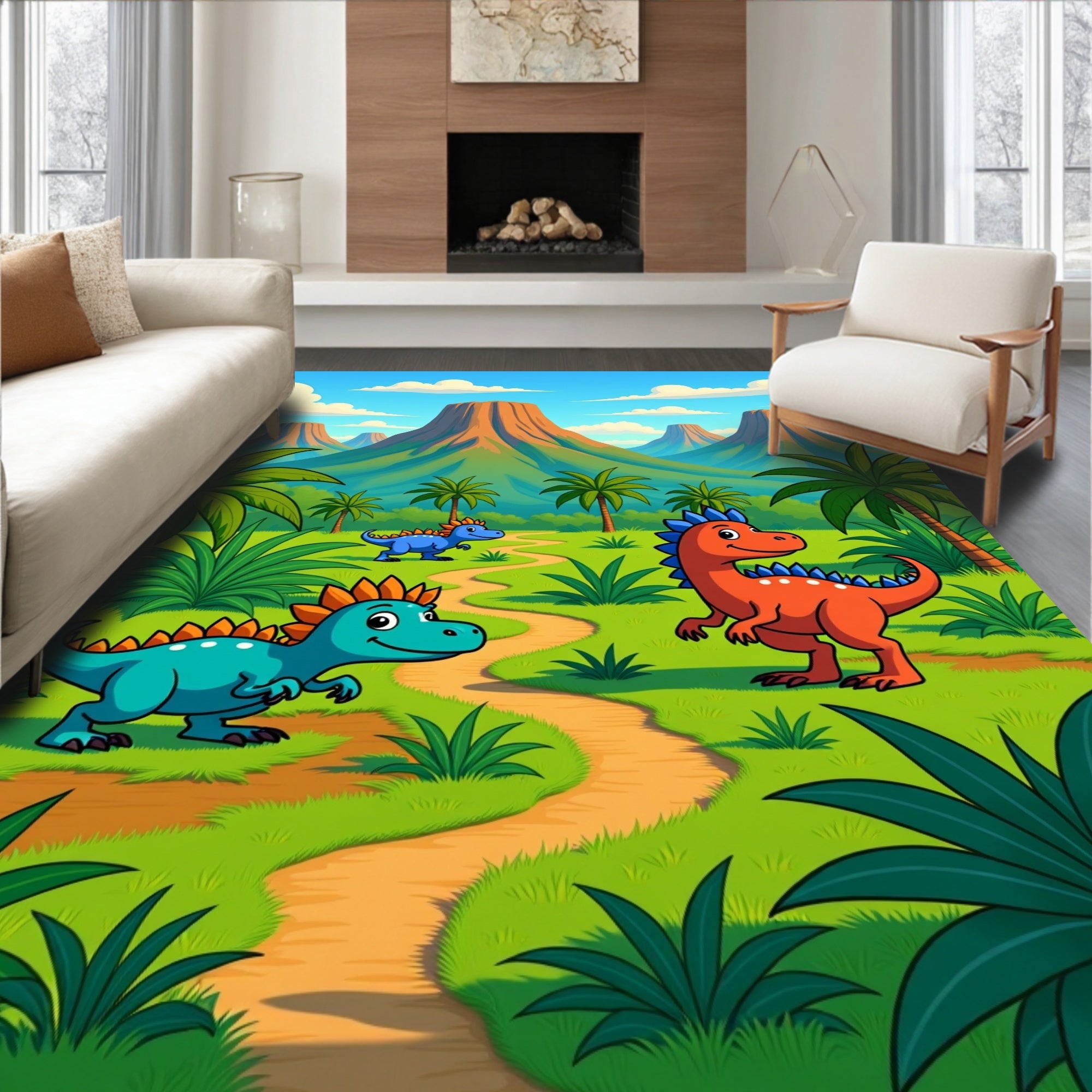 Cartoon Dinosaur Jungle Adventure Path Rug