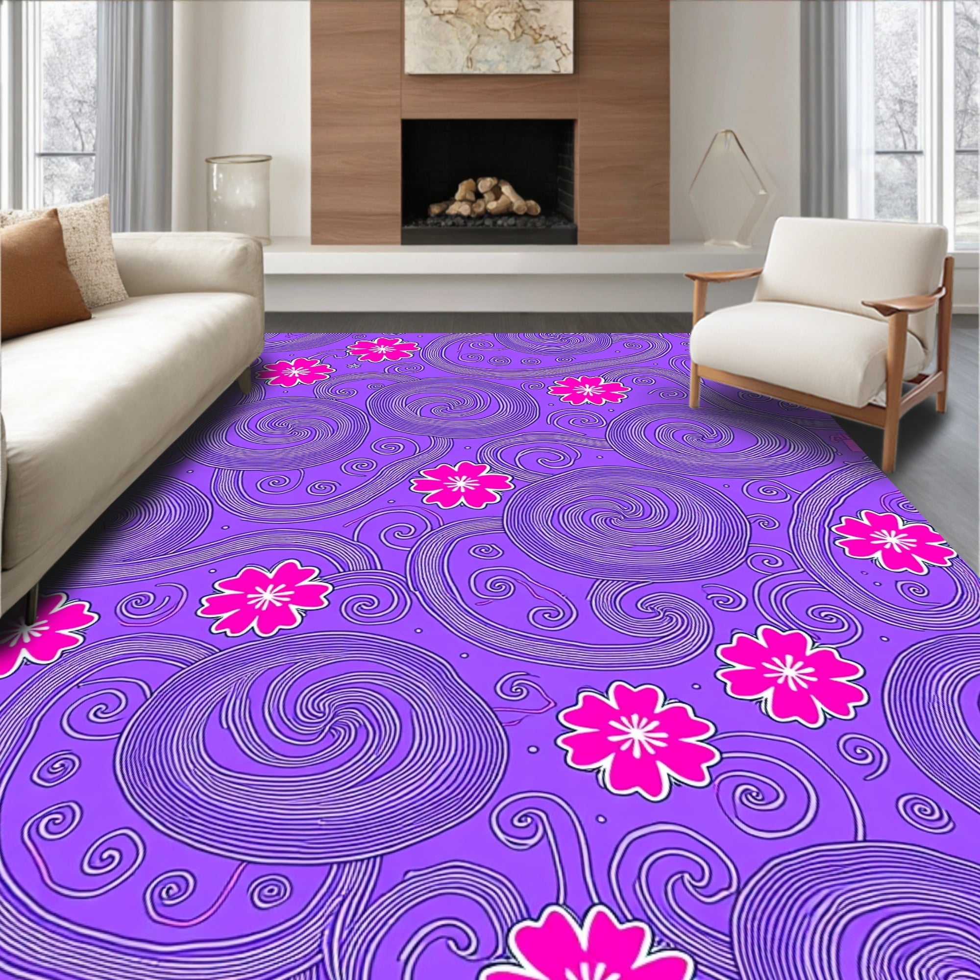 Whimsical Pink Cherry Blossom Swirl Rug