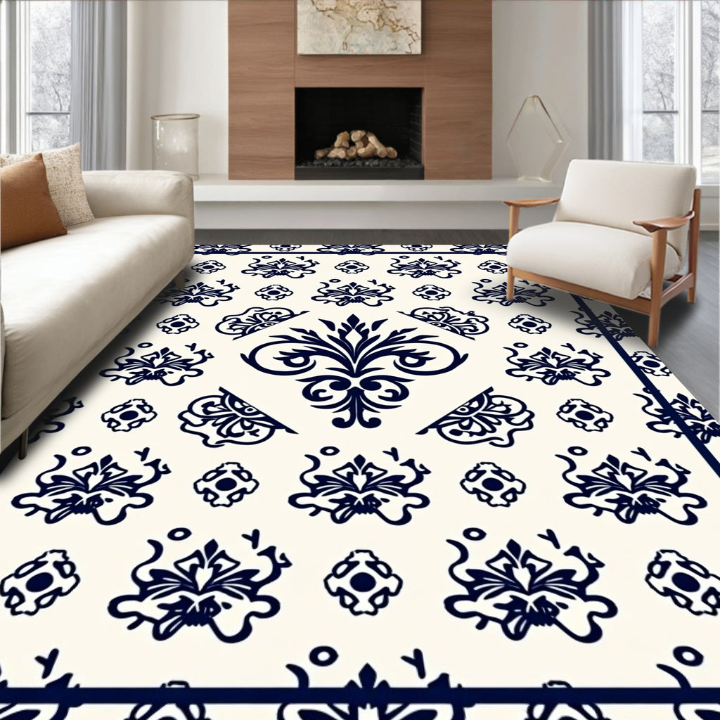 Cream Navy Blue Damask Scroll Medallion Rug