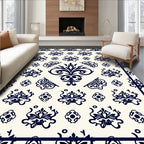 Cream Navy Blue Damask Scroll Medallion Rug