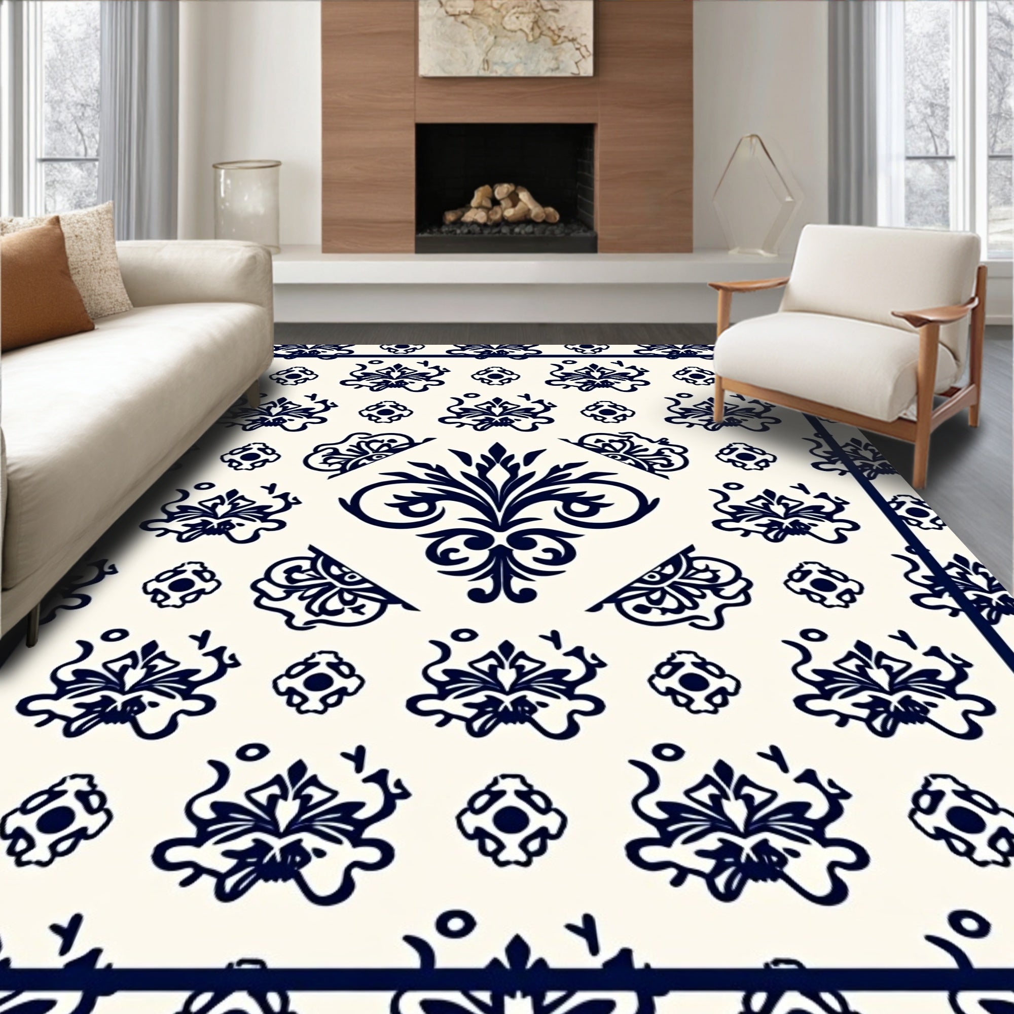 Cream Navy Blue Damask Scroll Medallion Rug