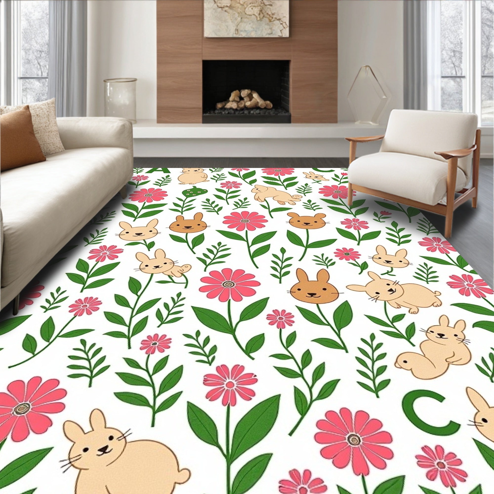 Cheerful Pink Floral Bunny Meadow Rug