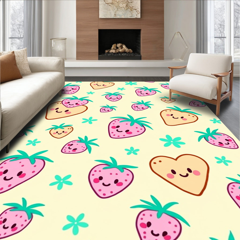 Kawaii Pink Strawberry Heart Field Rug