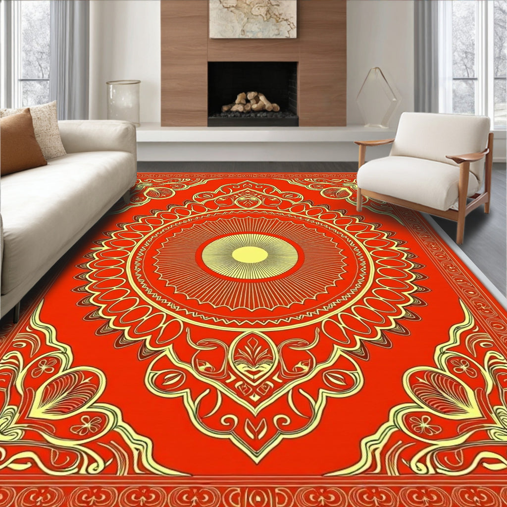 Vibrant Red Yellow Sunburst Medallion Rug