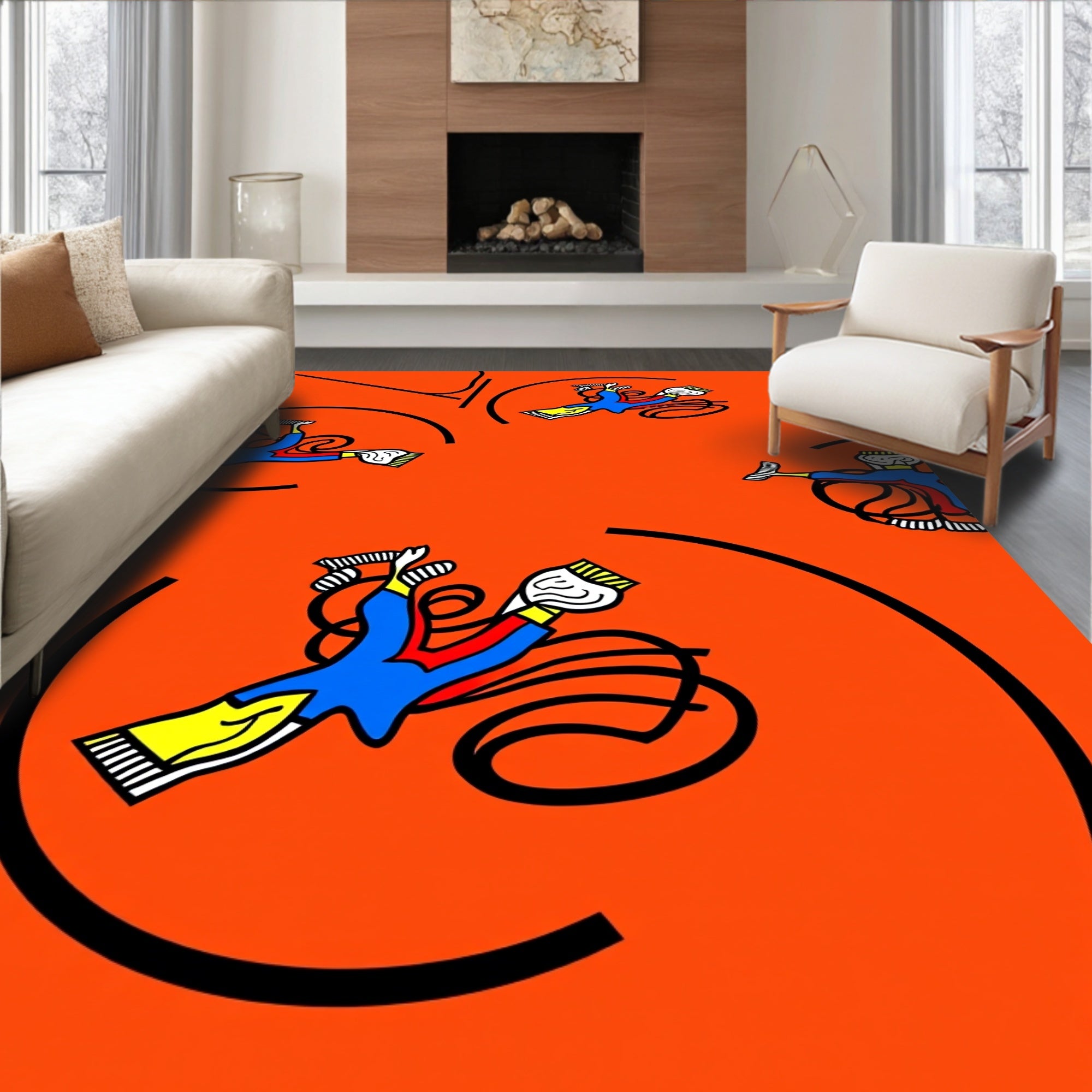 Playful Orange Blue Flying Figures Rug