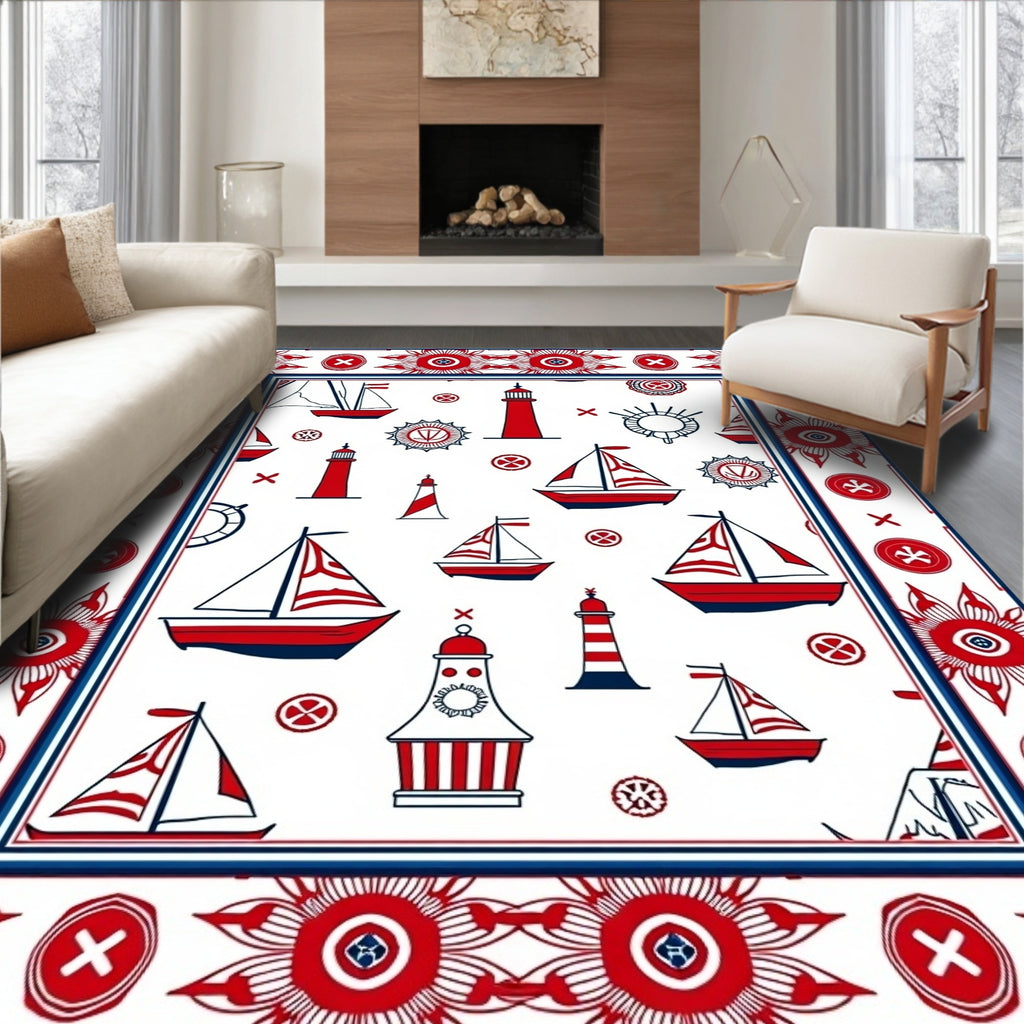 Nautical Red White Sailboats Lighthouses Border Rug