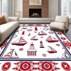 Nautical Red White Sailboats Lighthouses Border Rug