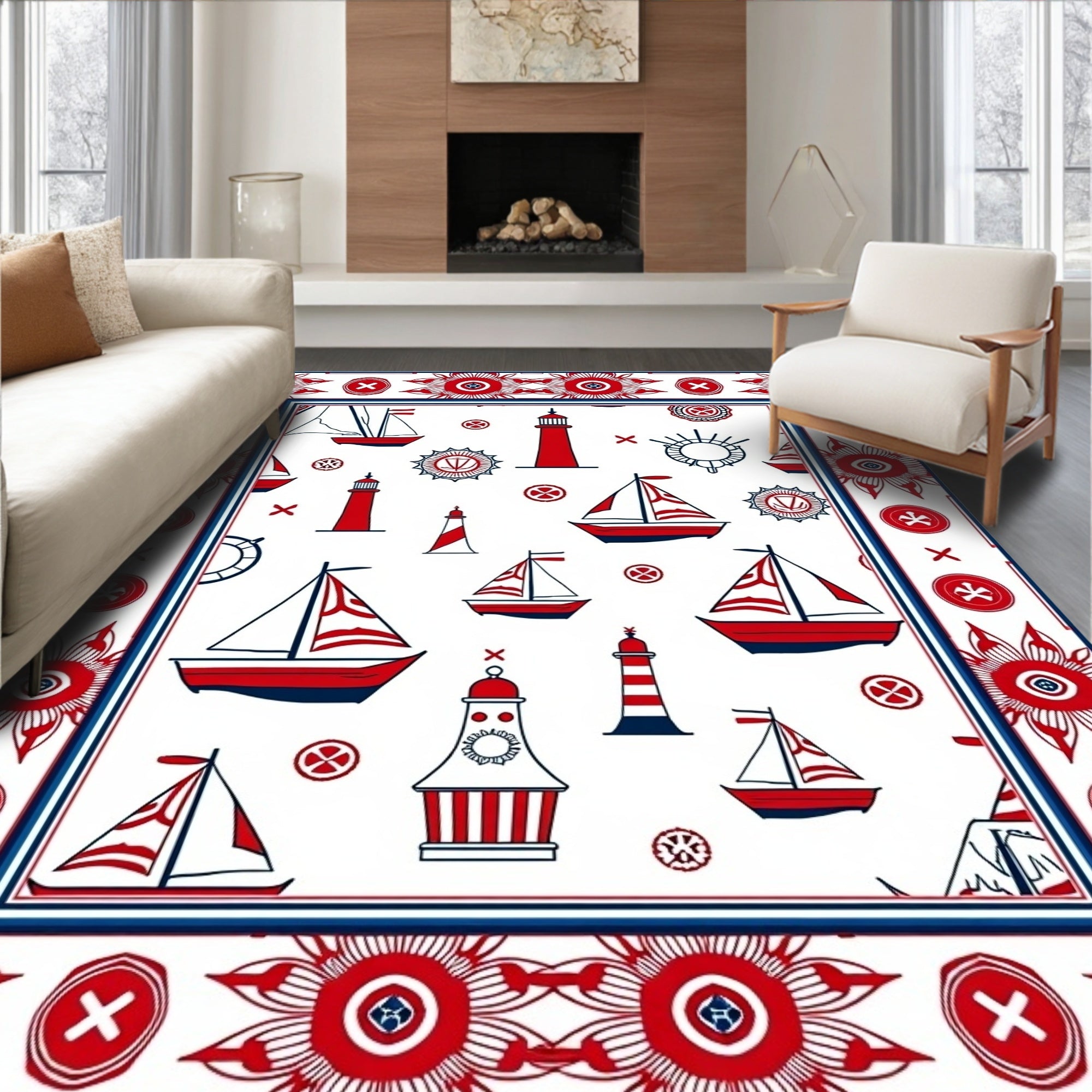 Nautical Red White Sailboats Lighthouses Border Rug