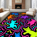 Vibrant Neon Cat Playful Doodle Rug