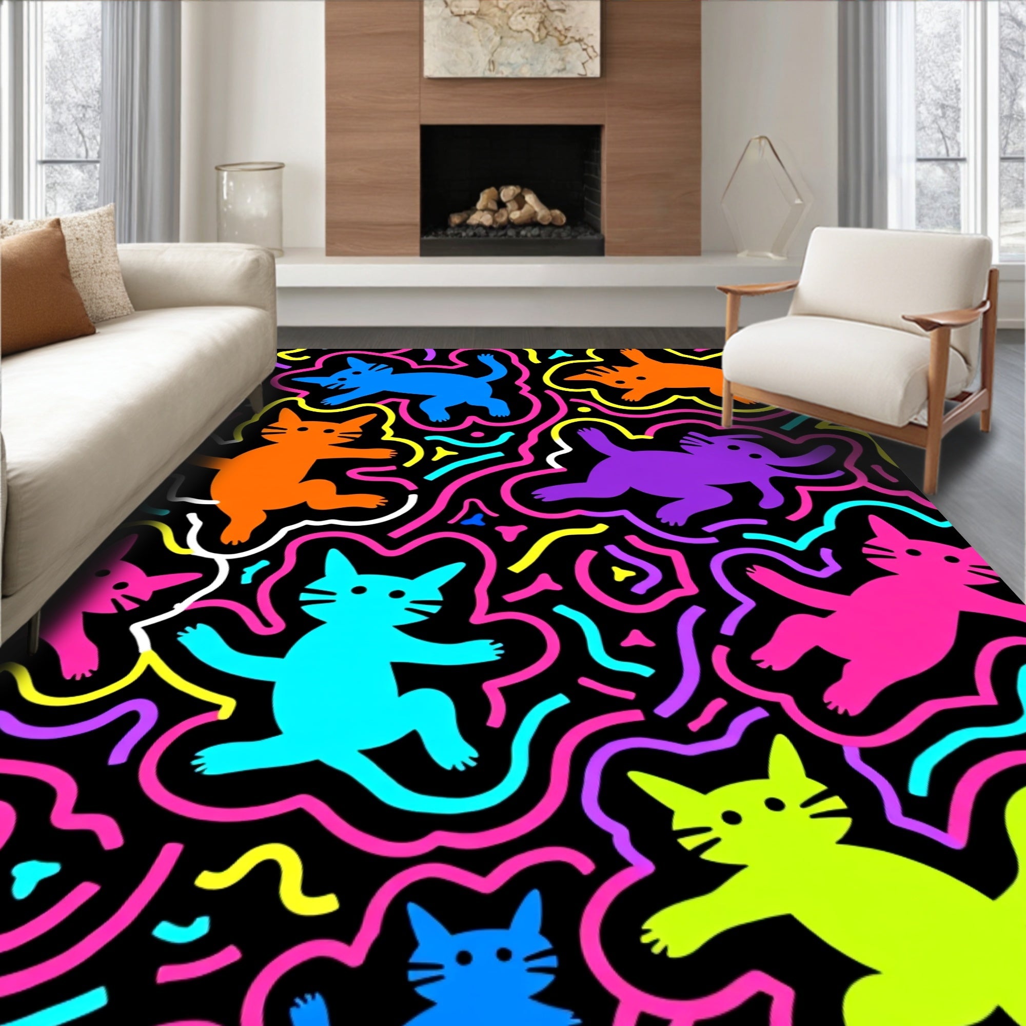 Vibrant Neon Cat Playful Doodle Rug