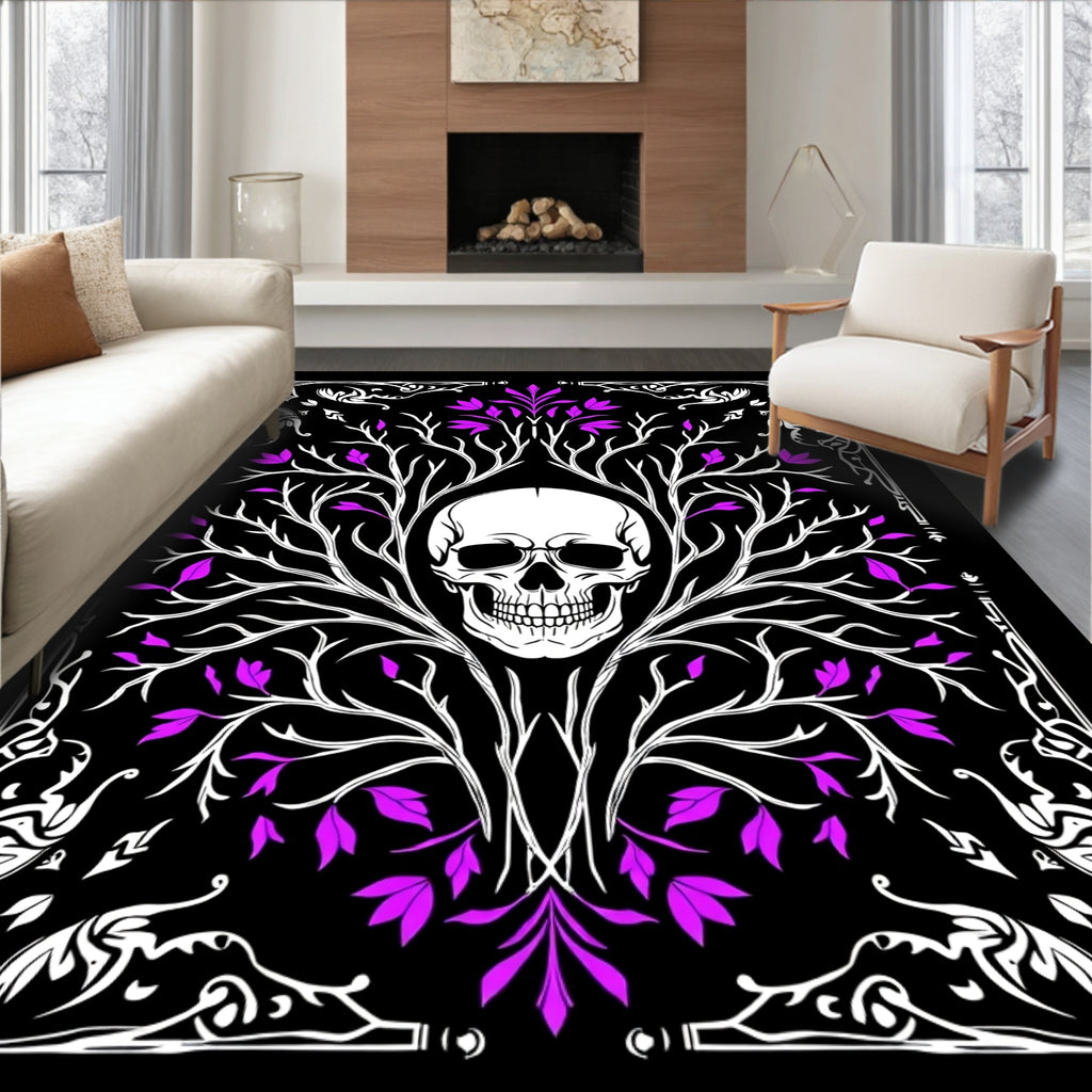 Gothic Black White Purple Skull Tree Rug