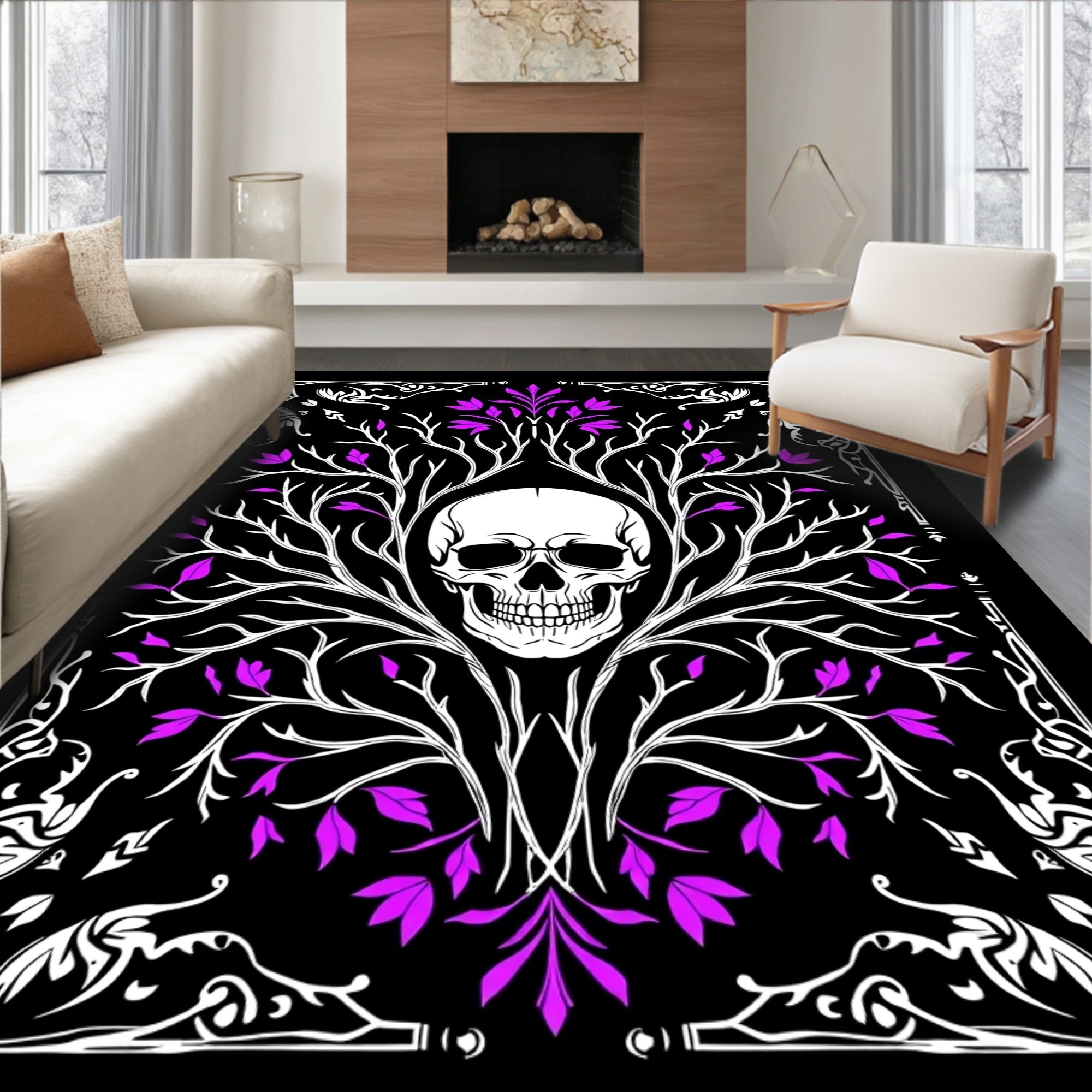 Gothic Black White Purple Skull Tree Rug