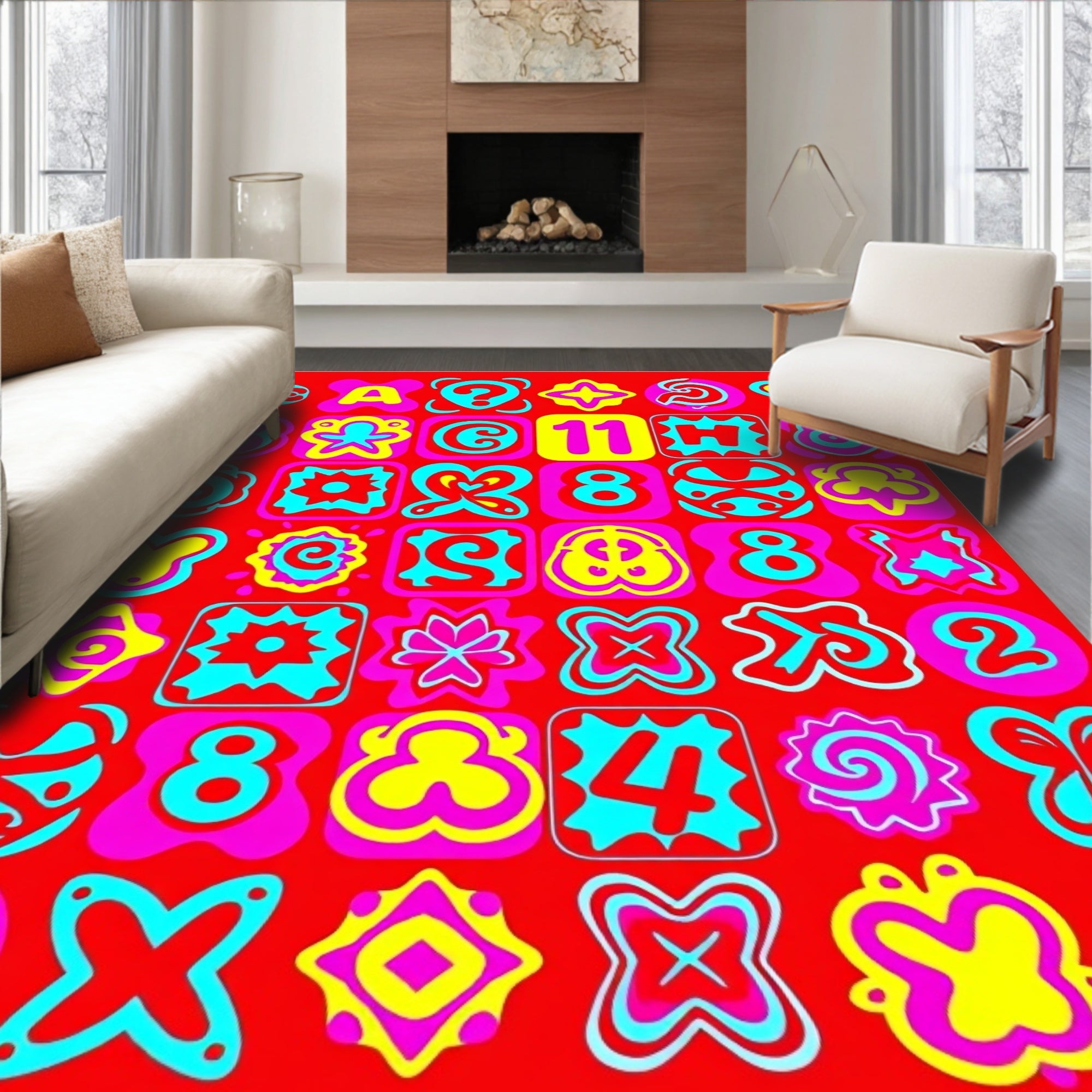 Red Aqua Magenta Graphic Symbols Rug
